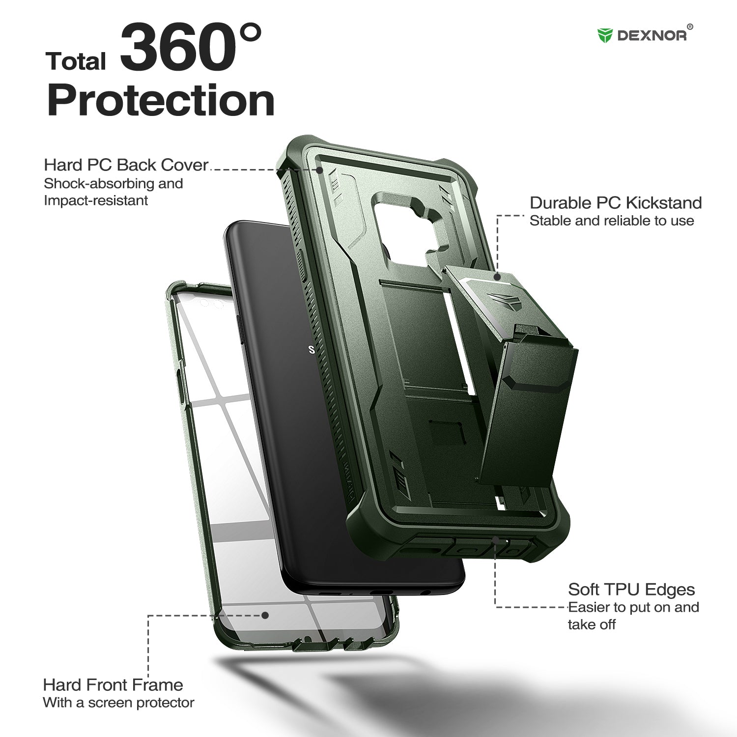 Dexnor Case for Samsung Galaxy S9 With Single Screen Protector Full Body Bumper Kickstand Heavy-duty Shockproof Rugged Cover.