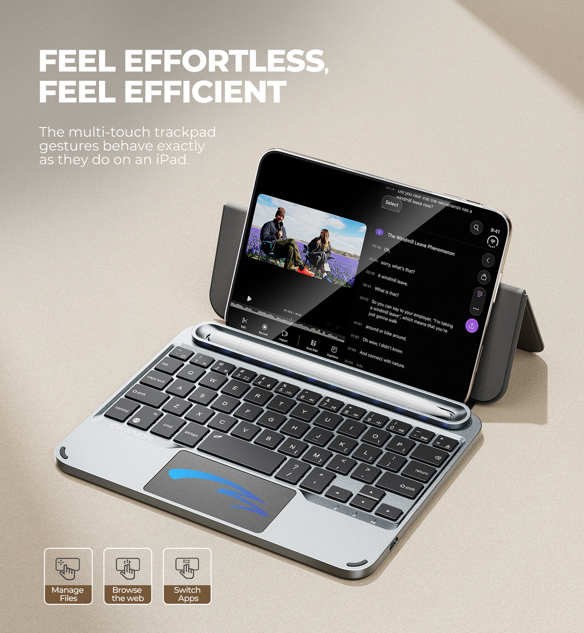 Dexnor Keyboard Case for iPhone Duo Portable Compact Mini Bluetooth Keyboard with Adjustable Stand Touchpad Pen Holder Backlight