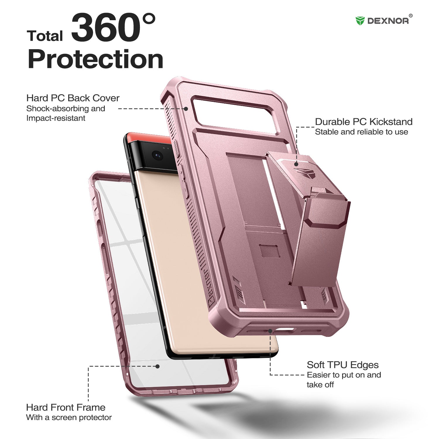 Dexnor Case for Google Pixel 6 With Screen Protector Full Body Bumper Kickstand Heavy-duty Shockproof Rugged Cover.