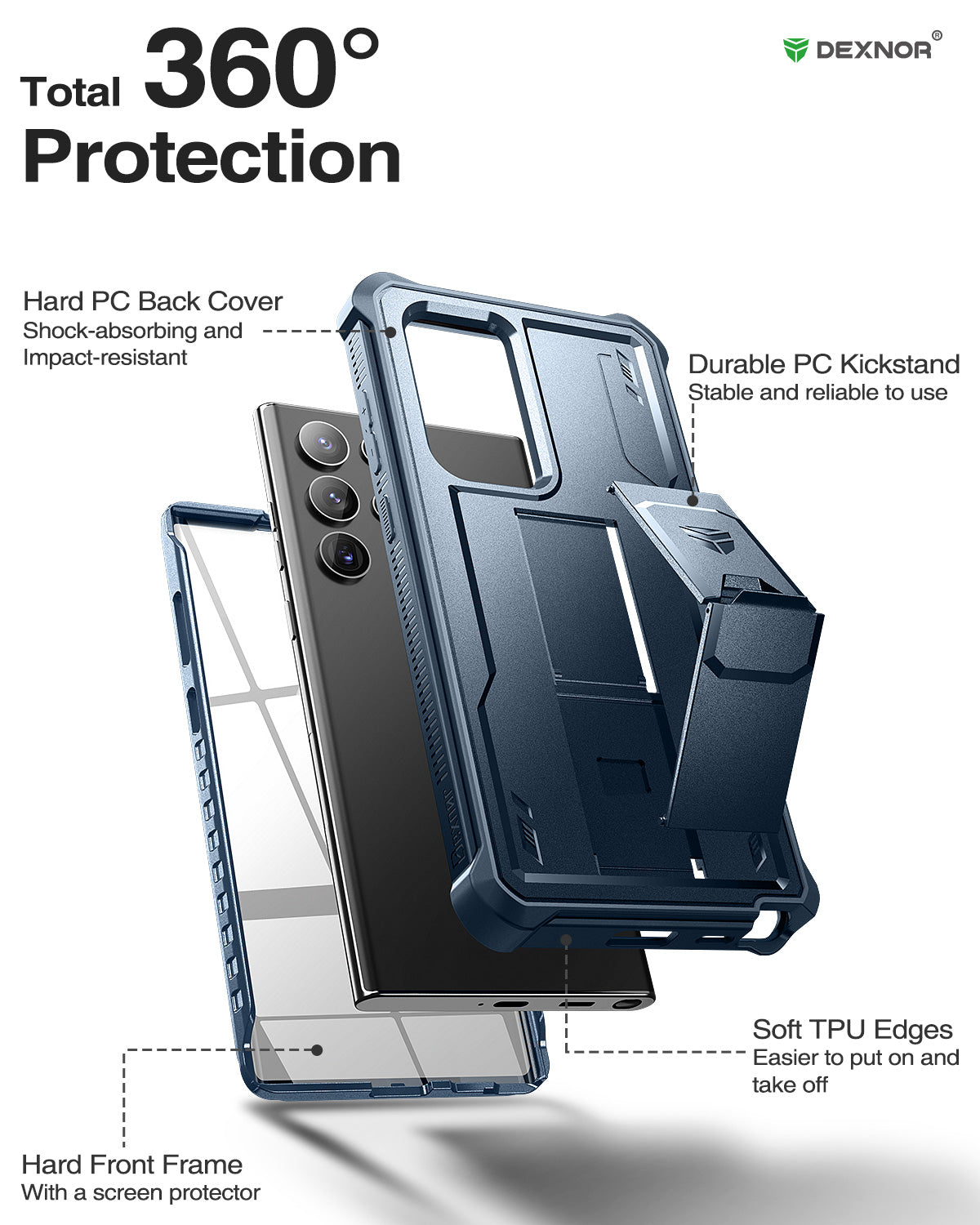 Dexnor Case for Samsung Galaxy S22 Ultra With Screen Protector Full Body Bumper Kickstand Heavy-duty Shockproof Rugged Cover.
