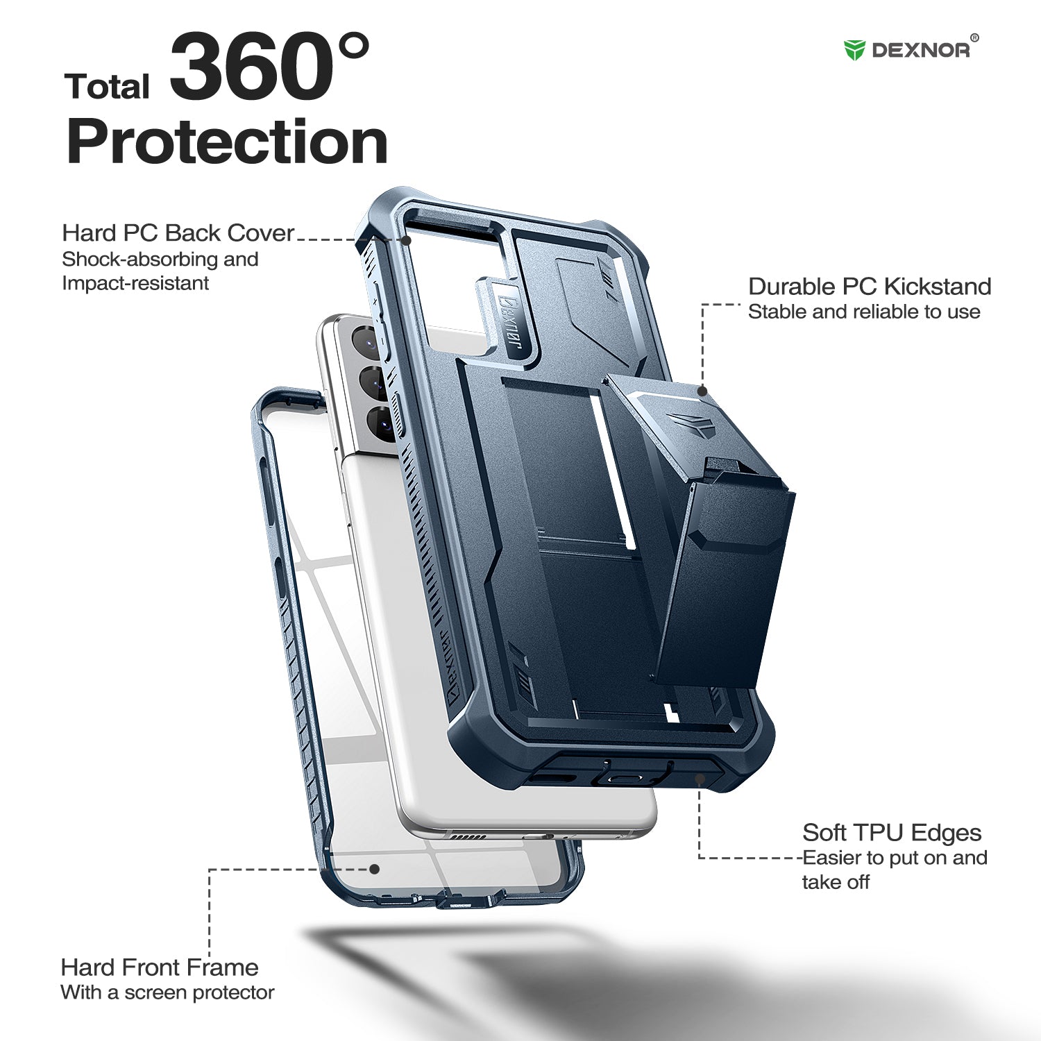 Dexnor Case for Samsung Galaxy S21 With Single Screen Protector Full Body Bumper Kickstand Heavy-duty Shockproof Rugged Cover.