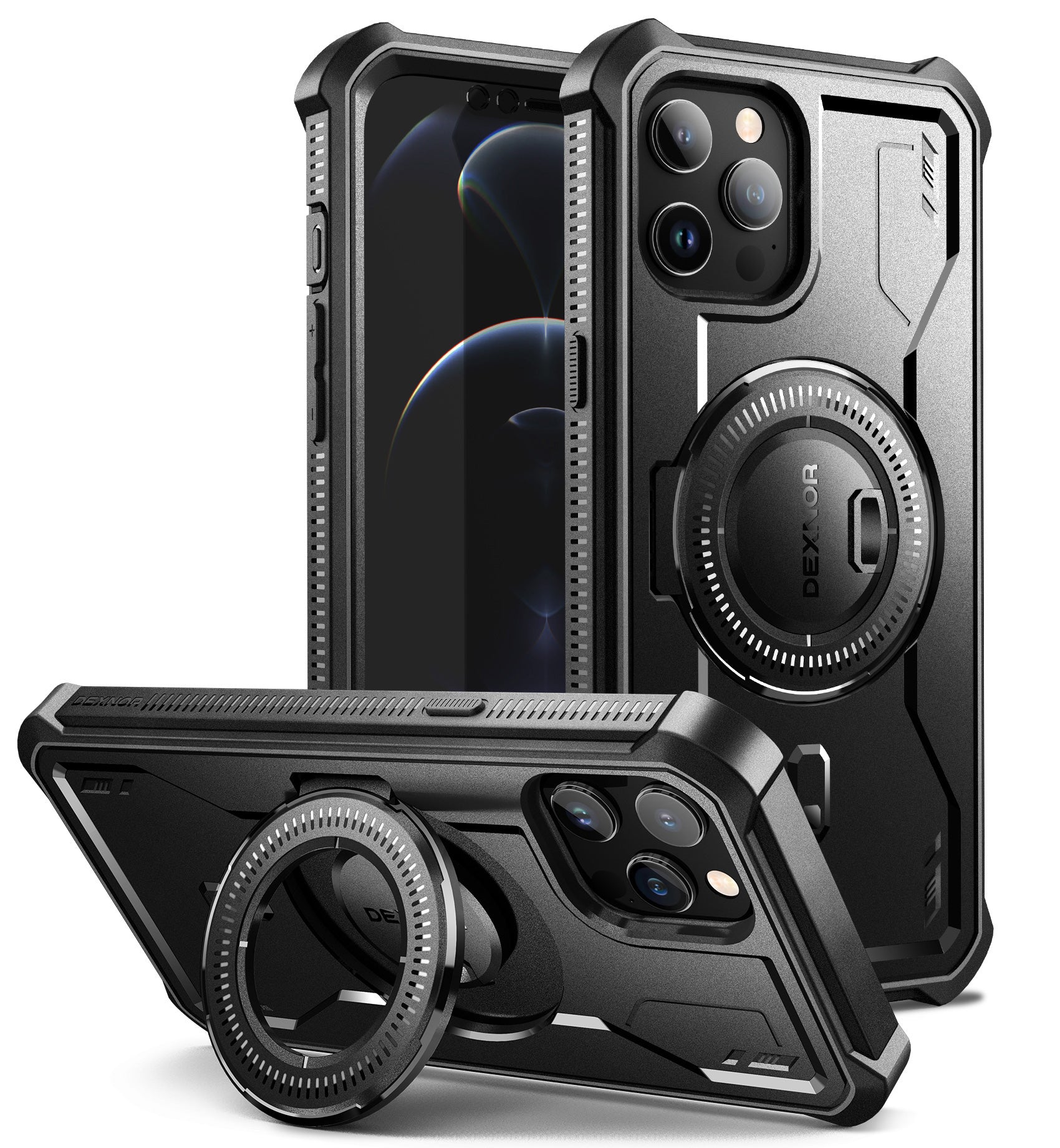 Dexnor Black Case For iPhone 12 Pro Max With MagSafe Heavy-duty Shockproof Full Body Built-in Screen Protector Adjustable Kickstand