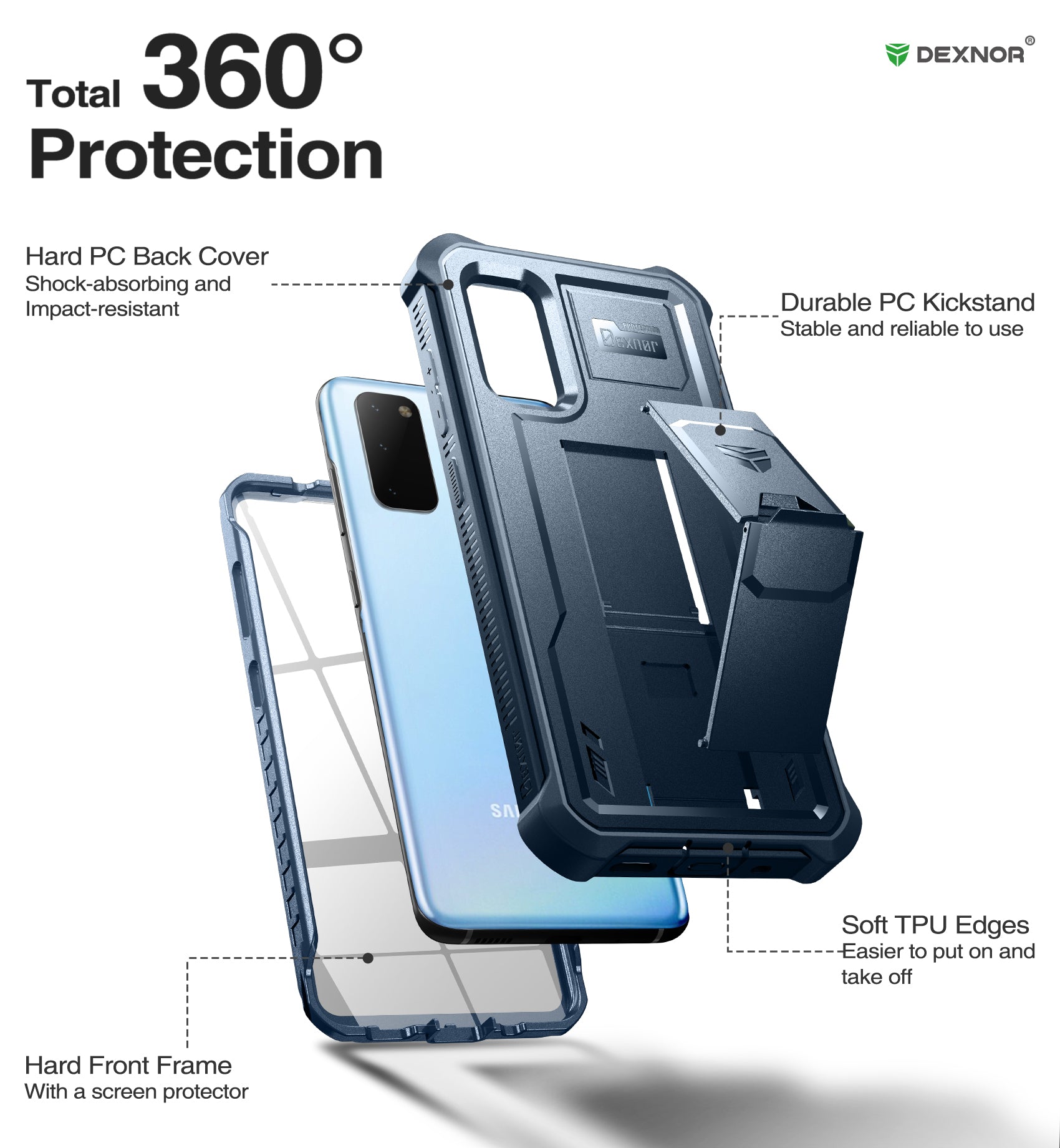 Dexnor Case for Samsung Galaxy S20 With Single Screen Protector Full Body Bumper Kickstand Heavy-duty Shockproof Rugged Cover.