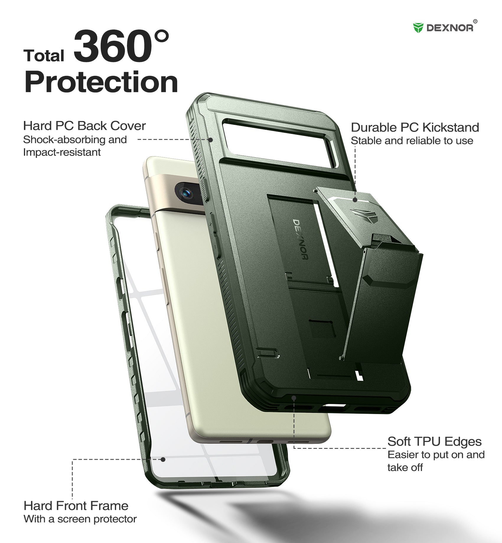 Dexnor Case for Google Pixel 7 With Screen Protector Full Body Bumper Kickstand Heavy-duty Shockproof Rugged Cover.