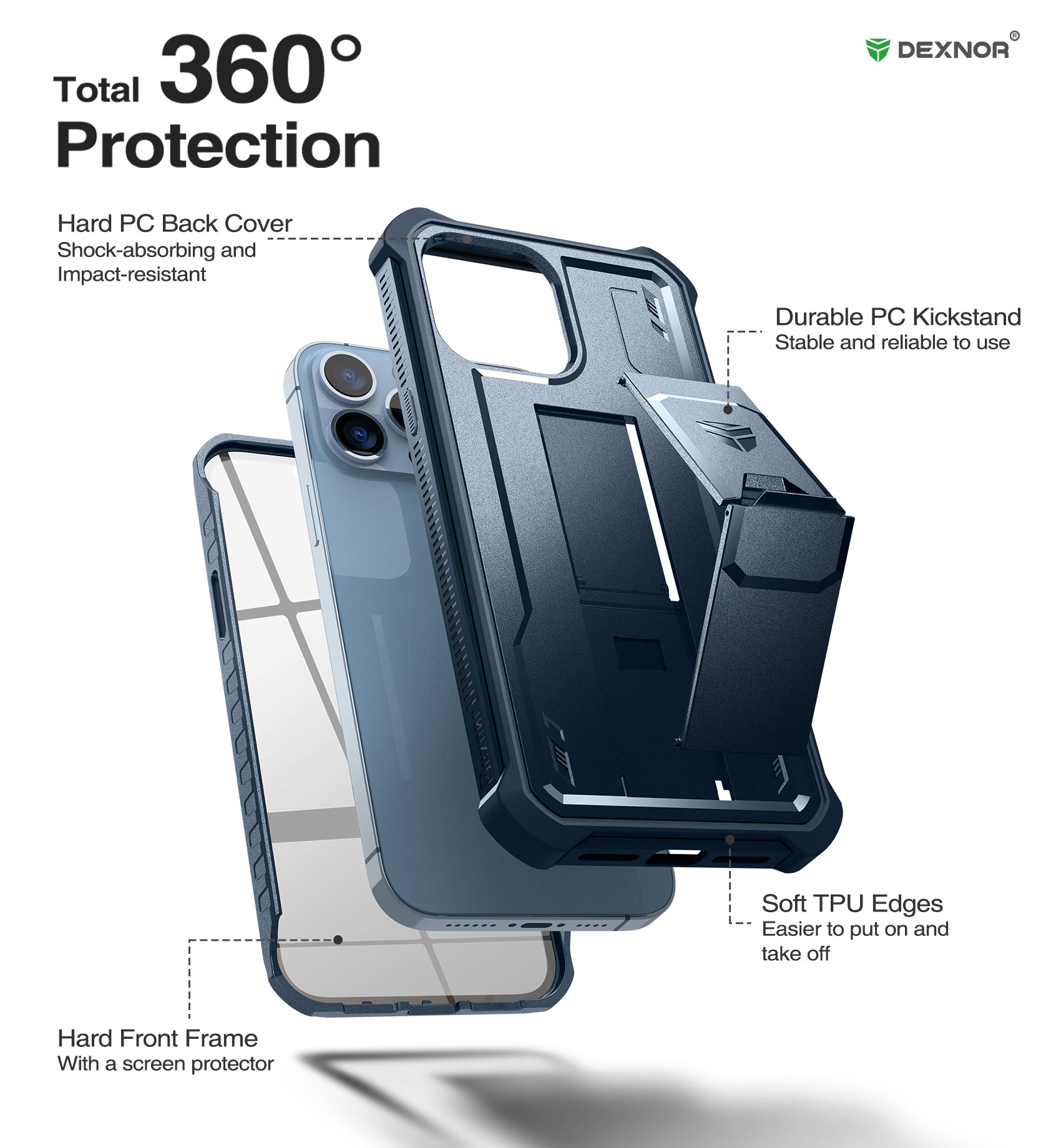 Dexnor for iphone 13 Pro Max Case With Heavy-duty Shockproof Full Body Built-in Screen Protector Adjustable Kickstand
