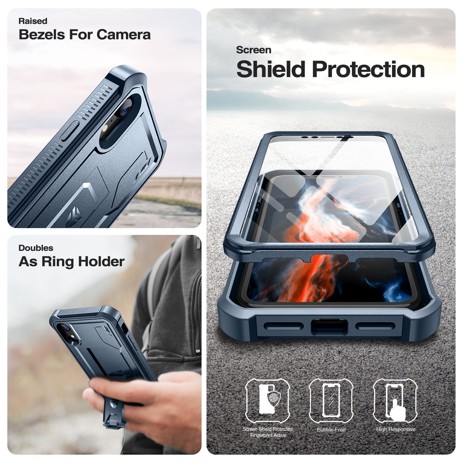 Dexnor Case for iPhone XR With Screen Protector Full Body Bumper Kickstand Heavy-duty Shockproof Rugged Cover.