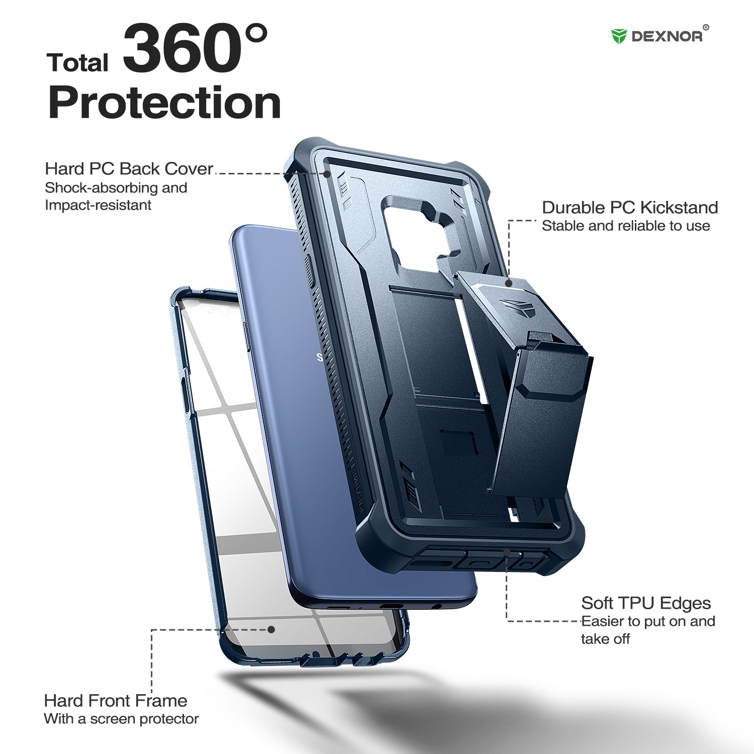 Dexnor Case for Samsung Galaxy S9 With Single Screen Protector Full Body Bumper Kickstand Heavy-duty Shockproof Rugged Cover.