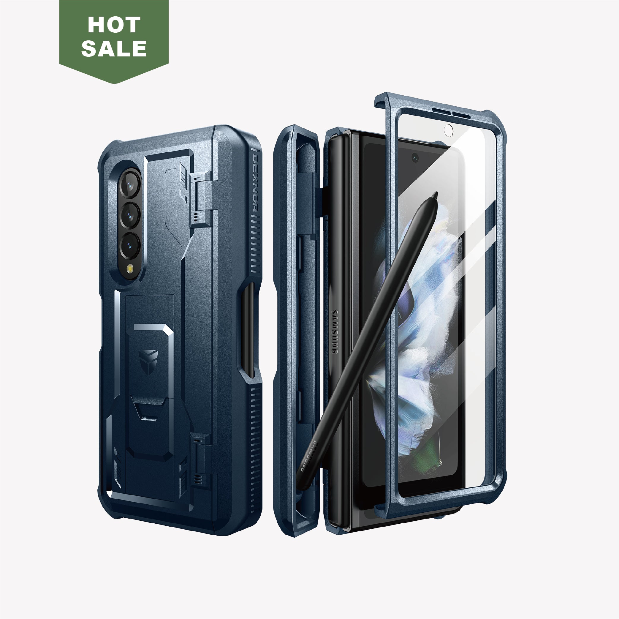 Dexnor Case for Samsung Galaxy Z Fold 3 With Hinge Coverage Screen Protector Full Body Bumper Kickstand Heavy-duty Shockproof Rugged Cover.