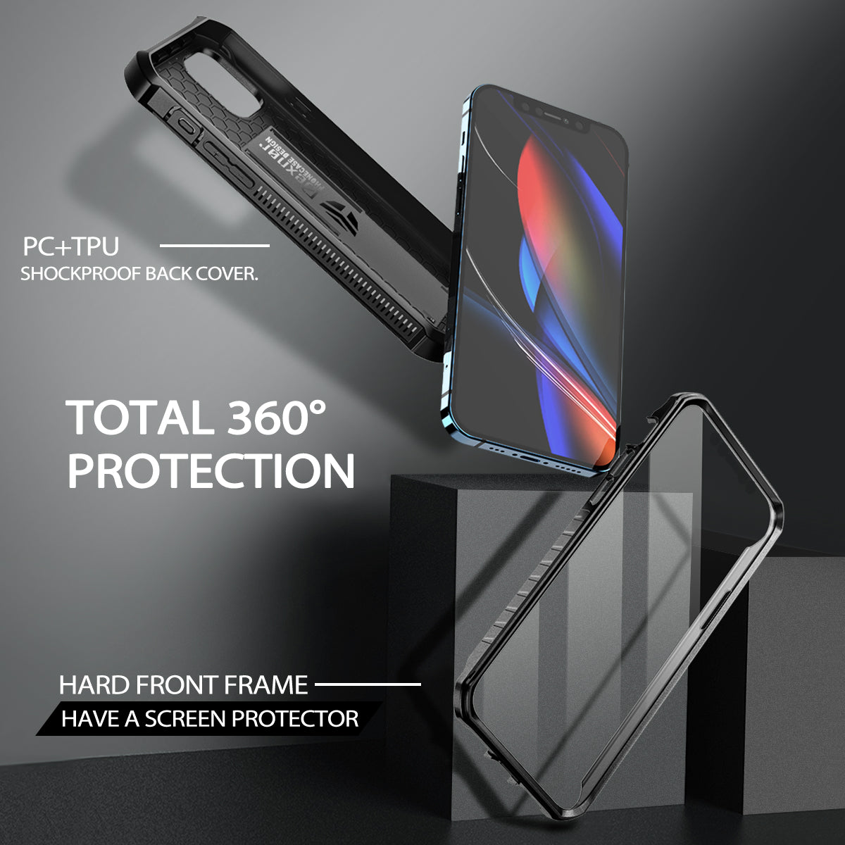 Dexnor Black Case For iPhone 12 Pro Max With Heavy-duty Shockproof Full Body Built-in Screen Protector Adjustable Kickstand