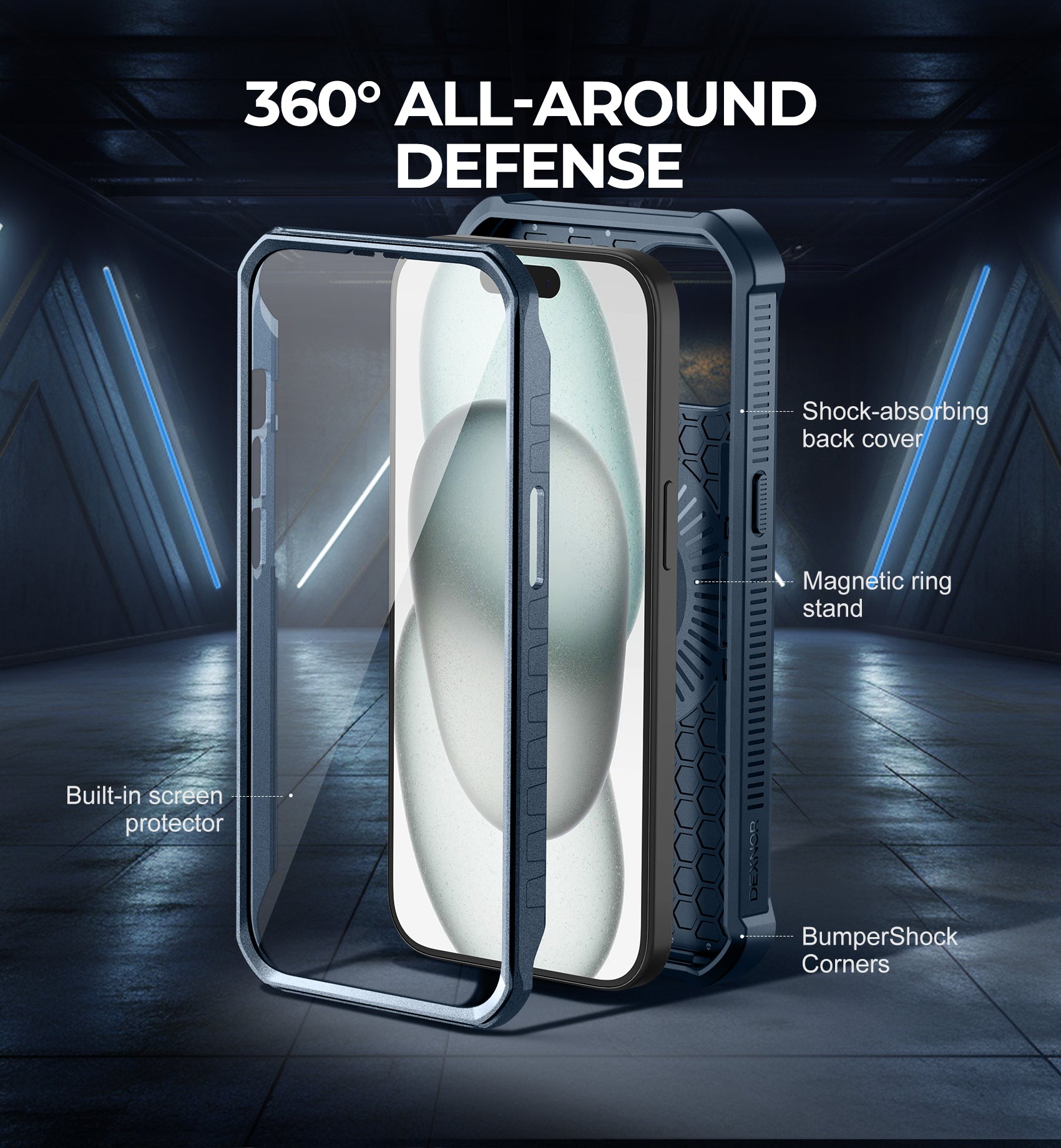 Dexnor for iphone 15 Case With MagSafe Heavy-duty Shockproof Full Body Built-in Screen Protector Adjustable Kickstand