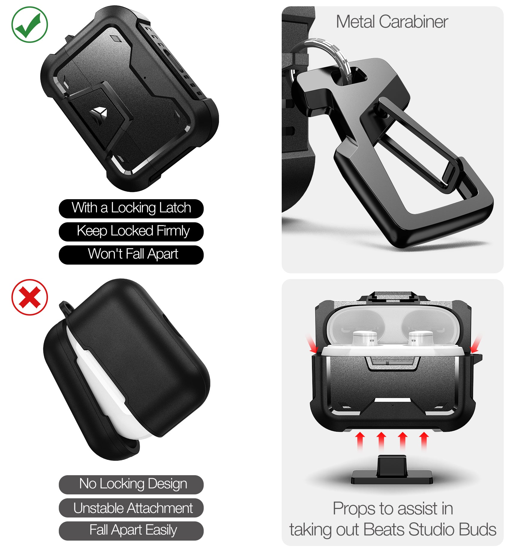 Dexnor Earphone Case for Beats Studio Buds 2021/Buds + 2023 with Secure Lock and Carabiner Full Body Bumper Shockproof Rugged Cover