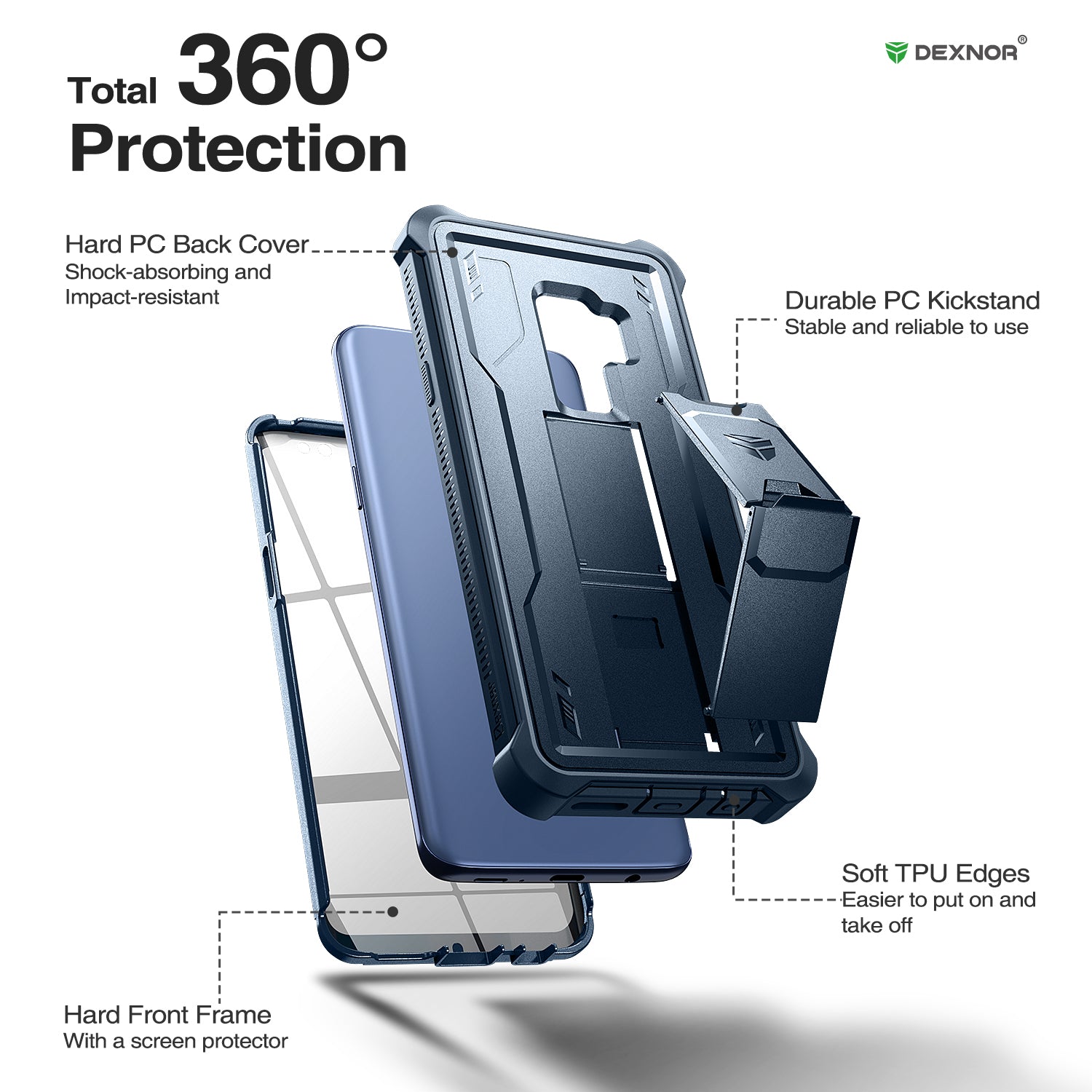 Dexnor Case for Samsung Galaxy S9 Plus With Single Screen Protector Full Body Bumper Kickstand Heavy-duty Shockproof Rugged Cover.