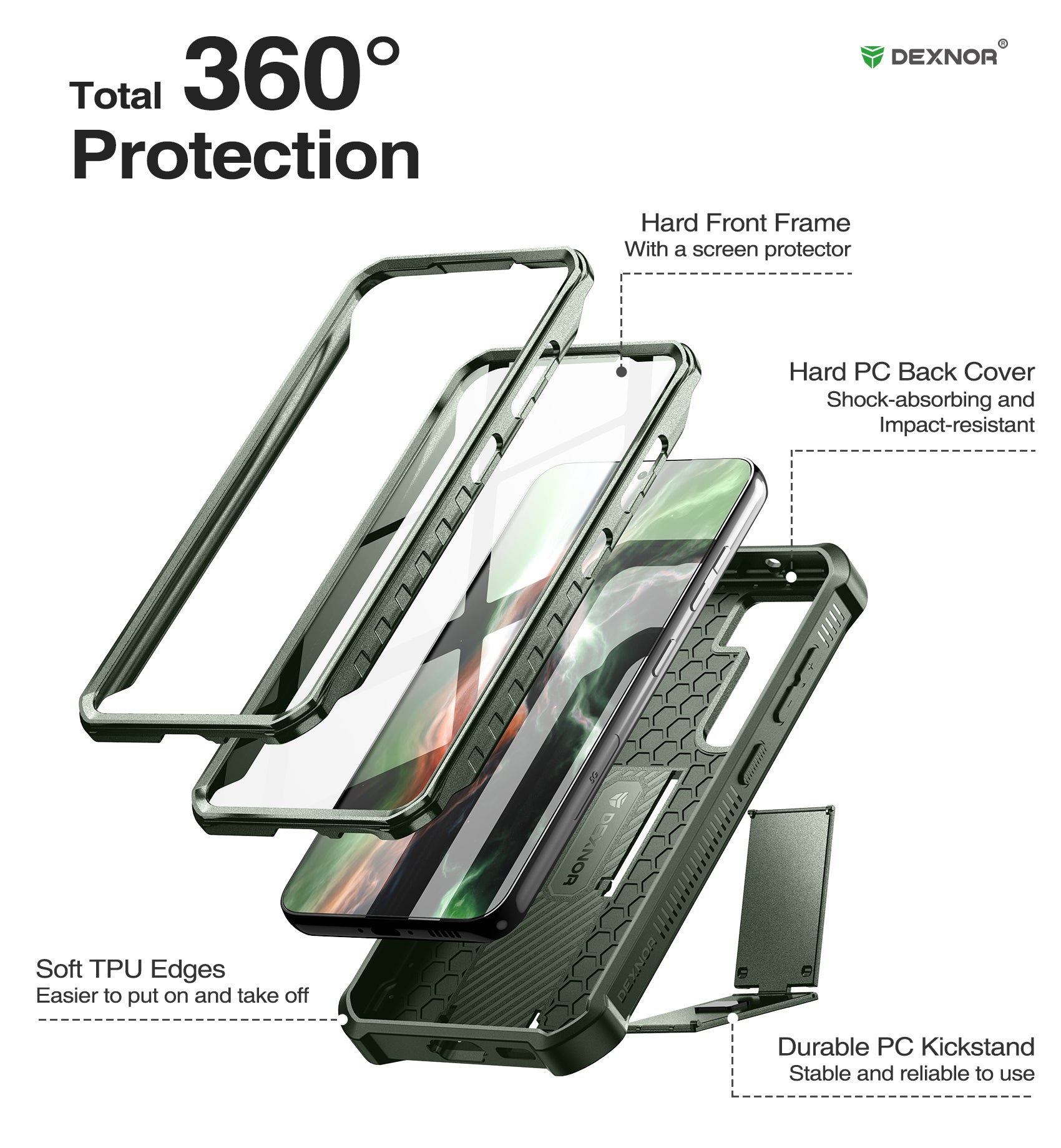 Dexnor Case for Samsung Galaxy S23 With Screen Protector Full Body Bumper Kickstand Heavy-duty Shockproof Rugged Cover.