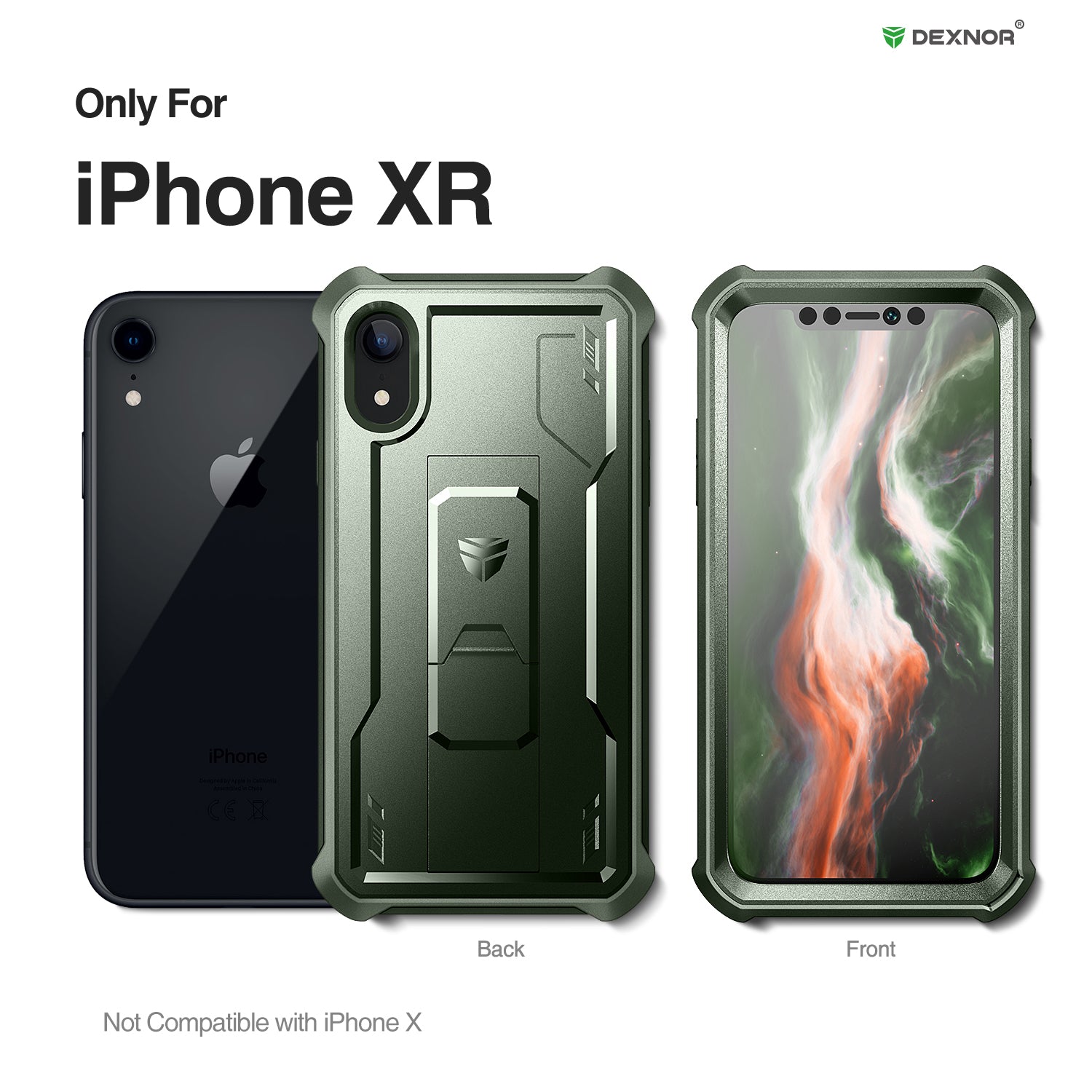 Dexnor Case for iPhone XR With Screen Protector Full Body Bumper Kickstand Heavy-duty Shockproof Rugged Cover.