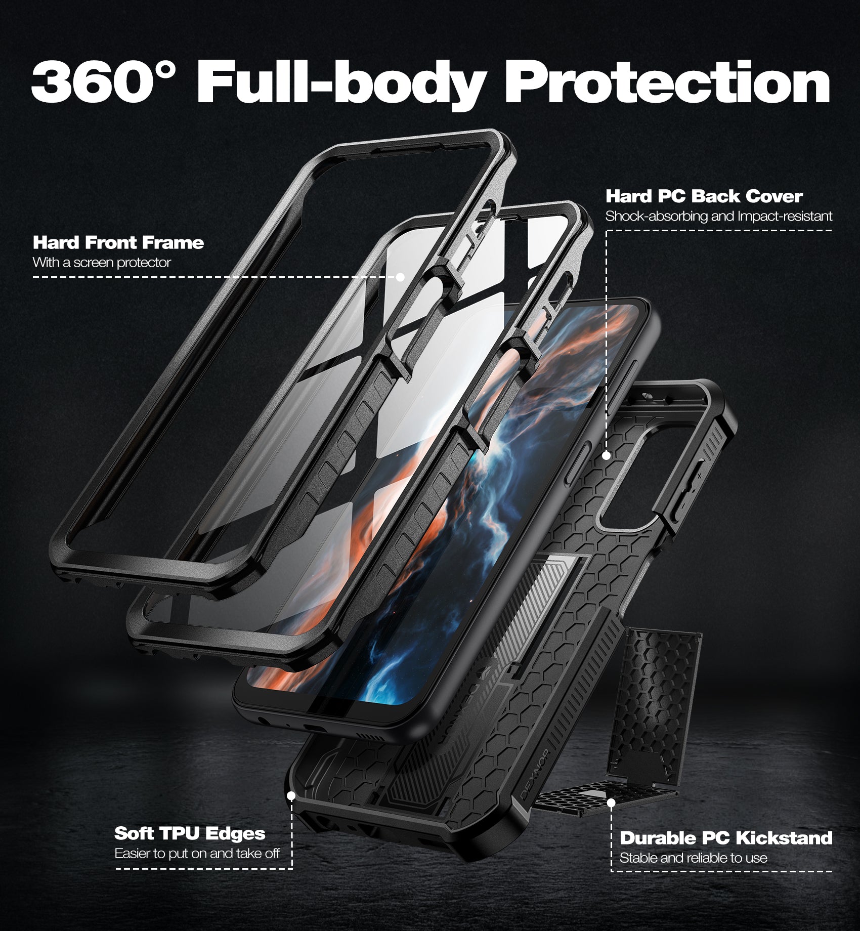 Dexnor Case for Samsung Galaxy A25 5G/A24 With Screen Protector Full Body Bumper Kickstand Heavy-duty Shockproof Rugged Cover.