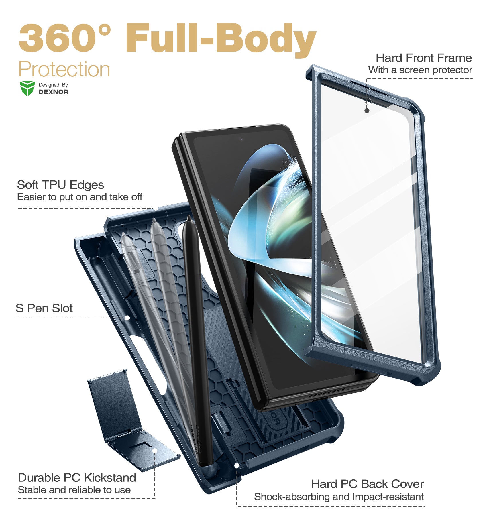 Dexnor Case for Samsung Galaxy Z Fold 4 With Hinge Coverage Screen Protector Full Body Bumper Kickstand Heavy-duty Shockproof Rugged Cover.