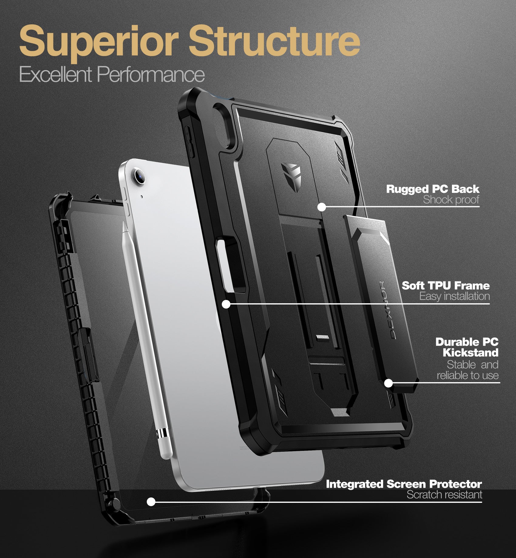 Dexnor Tablet Case for iPad 2022 With Screen Protector Full Body Bumper Kickstand Heavy-duty Shockproof Rugged Pen Holder Cover.