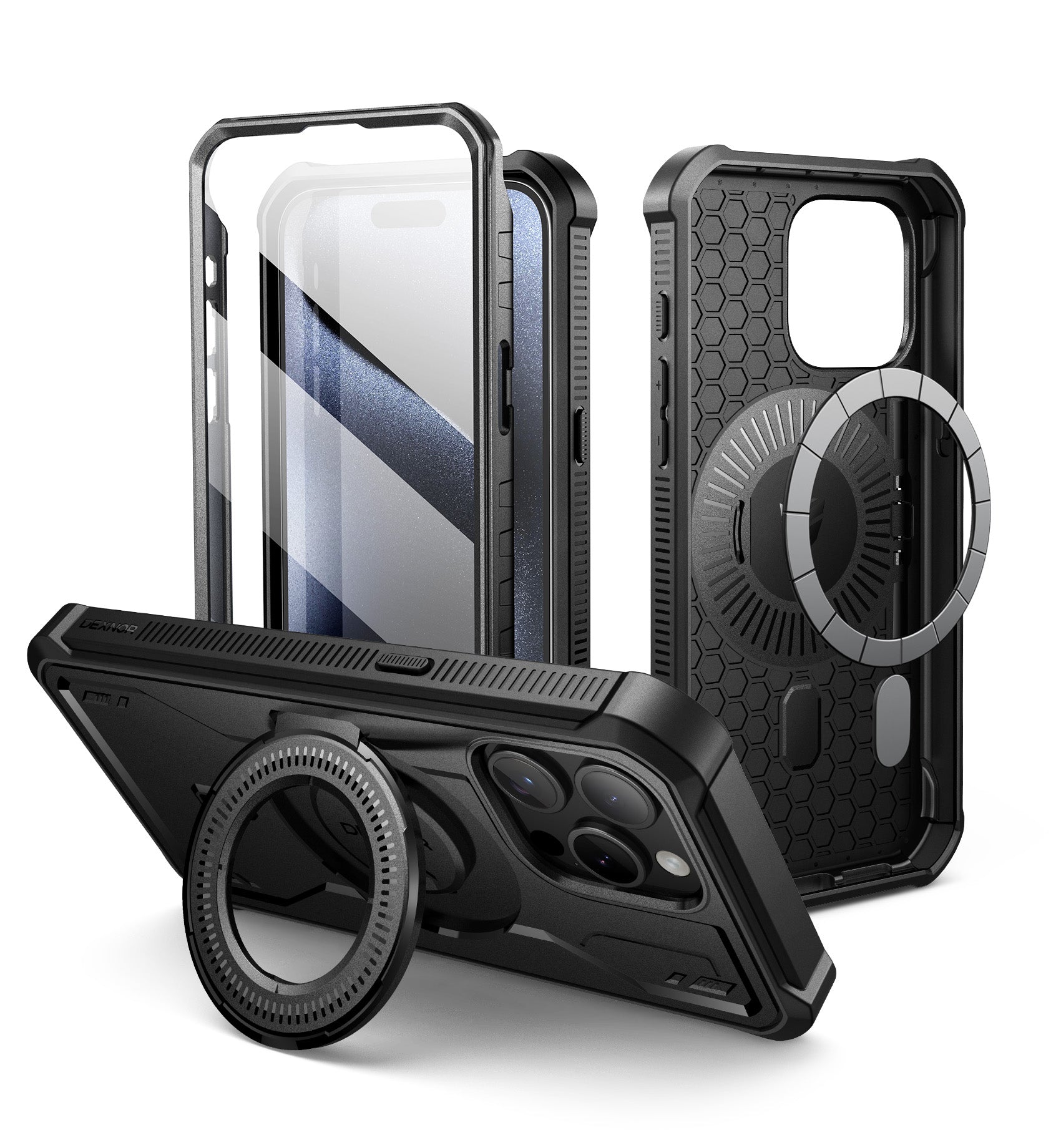 Dexnor for iphone 15 Pro Max Case With MagSafe Heavy-duty Shockproof Full Body Built-in Screen Protector Adjustable Kickstand