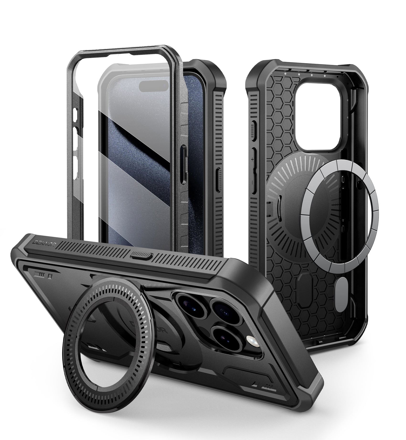 Dexnor for iphone 15 Pro Case With MagSafe Heavy-duty Shockproof Full Body Built-in Screen Protector Adjustable Kickstand