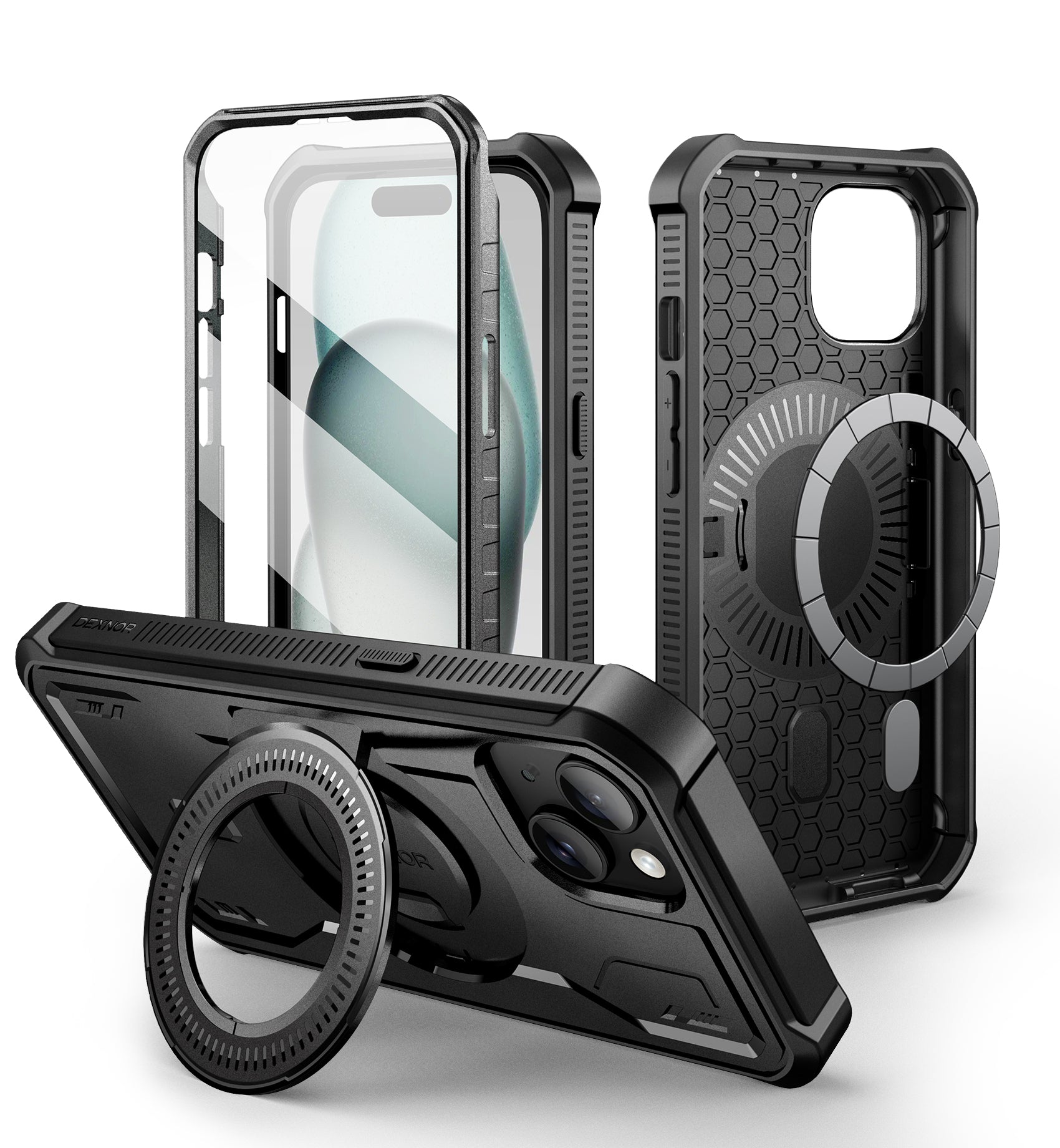 Dexnor for iphone 15 Case With MagSafe Heavy-duty Shockproof Full Body Built-in Screen Protector Adjustable Kickstand