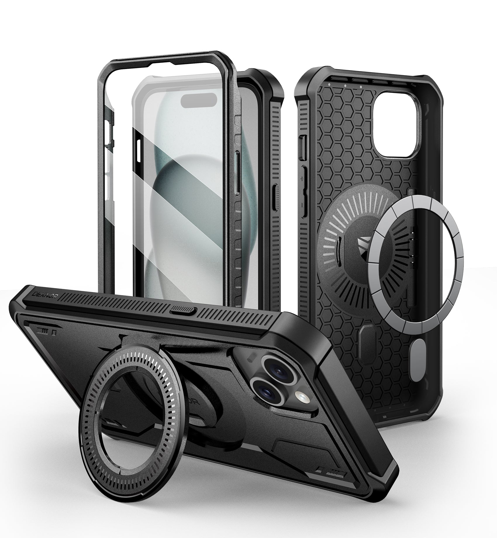 Dexnor for iPhone 15Plus /14 Plus Case With MagSafe Heavy-duty Shockproof Full Body Built-in Screen Protector Adjustable Kickstand Black Dexnor for iPhone 15Plus /14 Plus Case With MagSafe Heavy-duty Shockproof Full Body Built-in Screen Protector Adjustable Kickstand Black