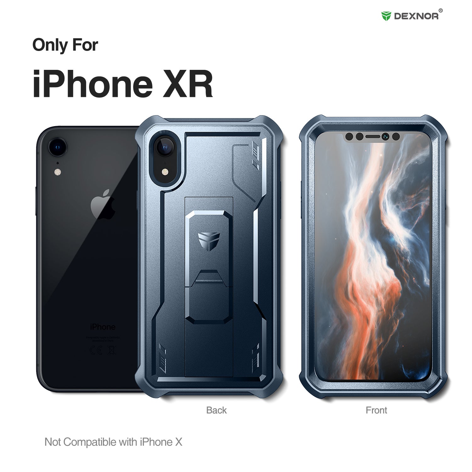 Dexnor Case for iPhone XR With Screen Protector Full Body Bumper Kickstand Heavy-duty Shockproof Rugged Cover.