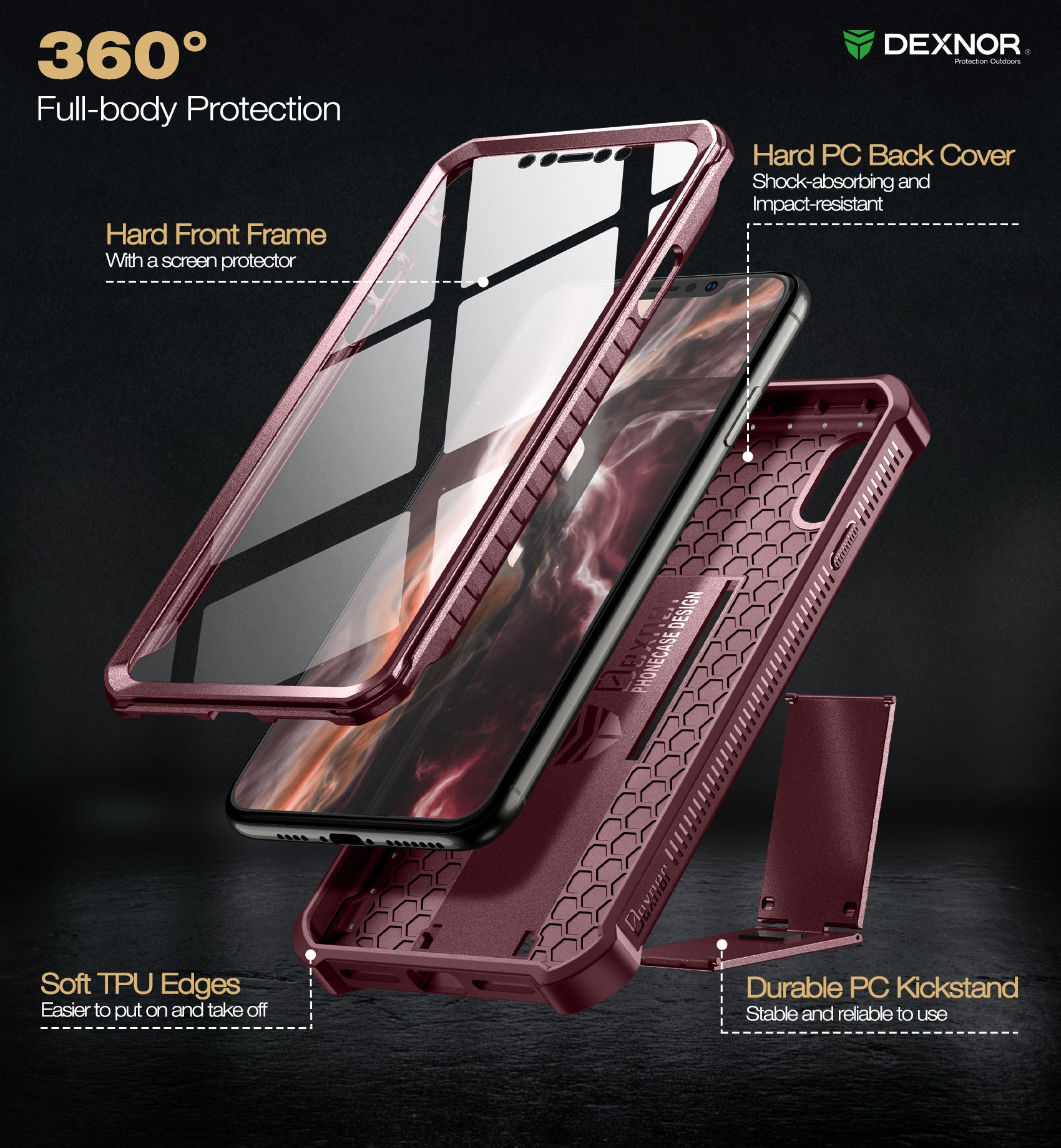Dexnor Case for iPhone XS Max With Screen Protector Full Body Bumper Kickstand Heavy-duty Shockproof Rugged Cover.