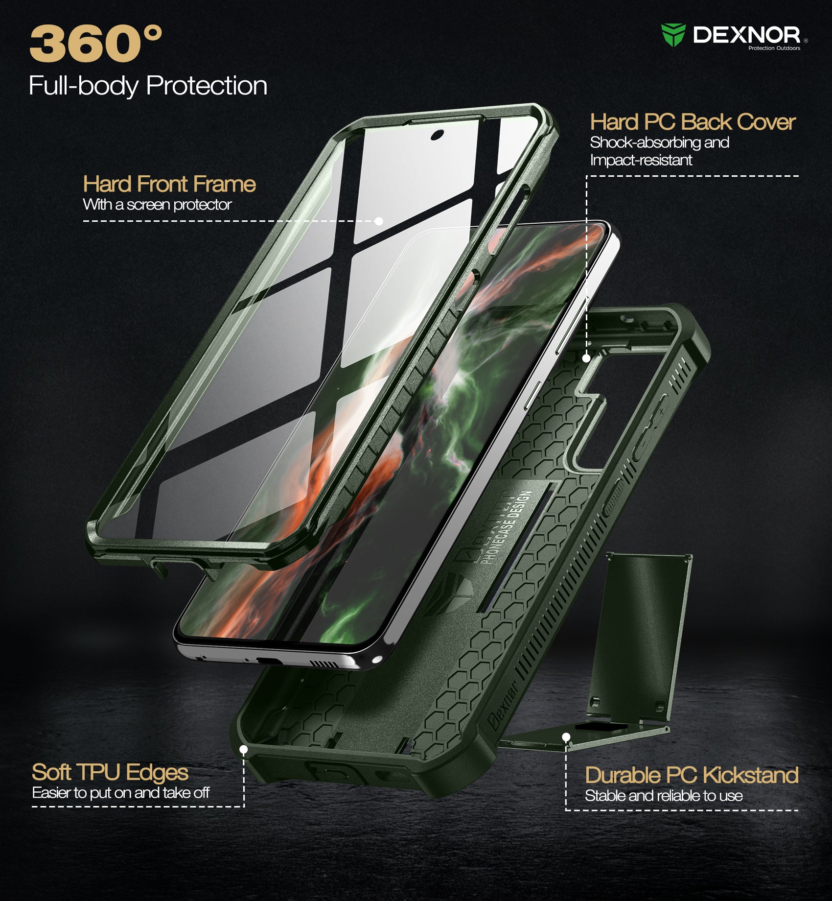 Dexnor Case for Samsung Galaxy S21 FE With Single Screen Protector Full Body Bumper Kickstand Heavy-duty Shockproof Rugged Cover.