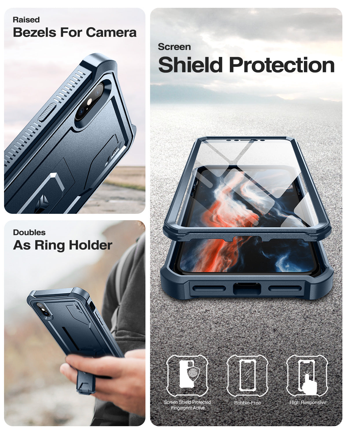 Dexnor Case for iPhone XS Max With Screen Protector Full Body Bumper Kickstand Heavy-duty Shockproof Rugged Cover.
