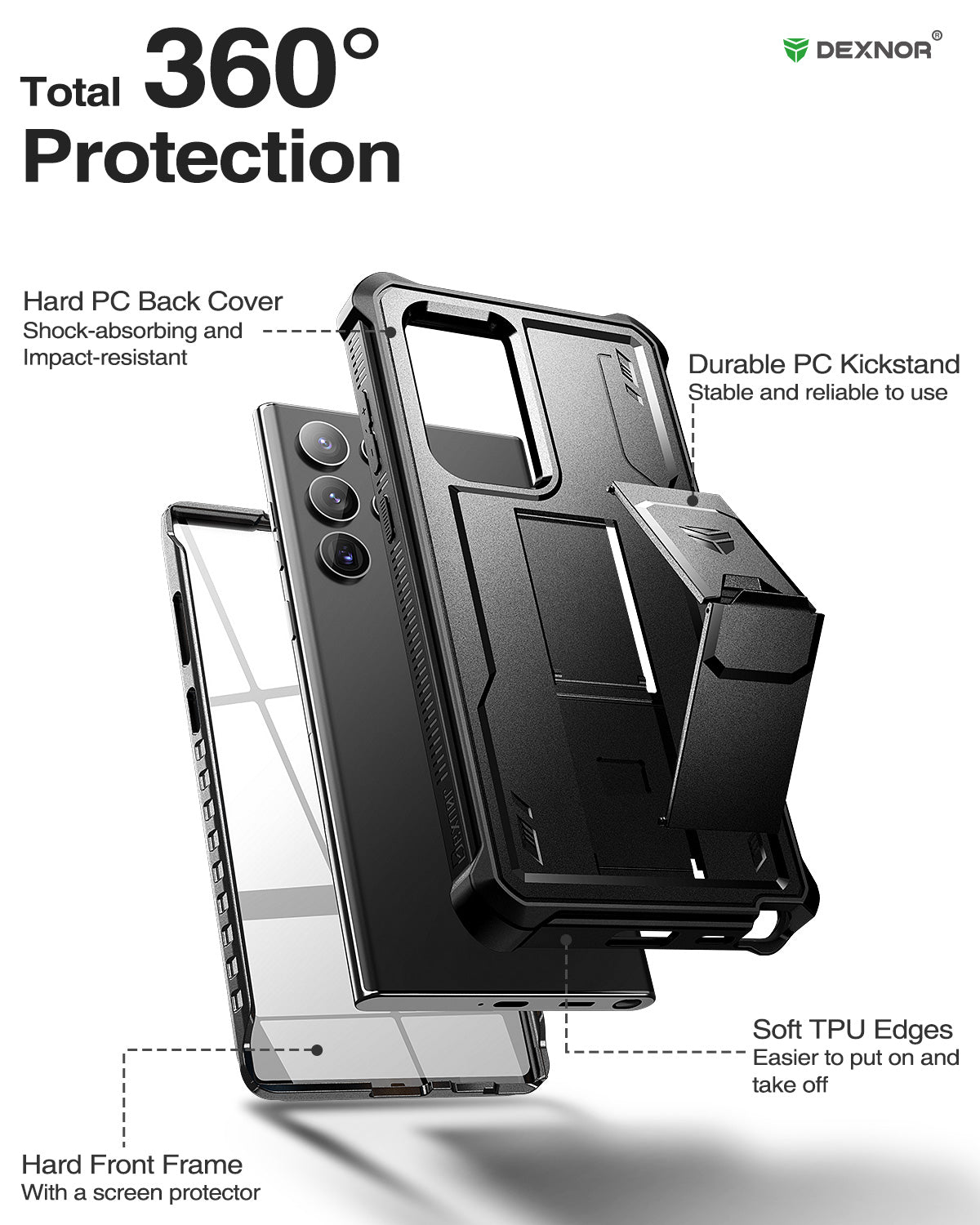 Dexnor Case for Samsung Galaxy S22 Ultra With Screen Protector Full Body Bumper Kickstand Heavy-duty Shockproof Rugged Cover.
