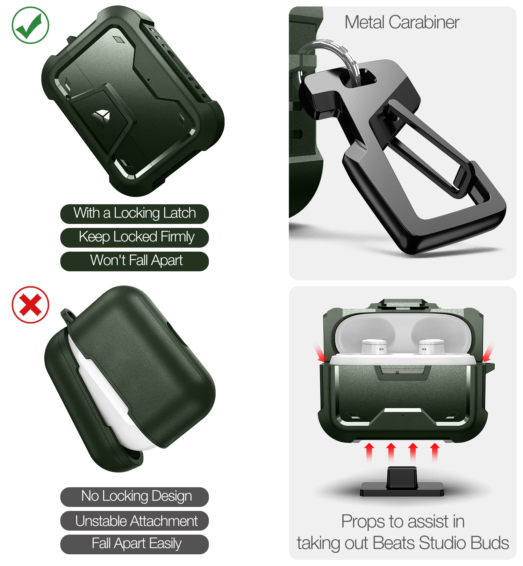 Dexnor Earphone Case for Beats Studio Buds 2021/Buds + 2023 with Secure Lock and Carabiner Full Body Bumper Shockproof Rugged Cover