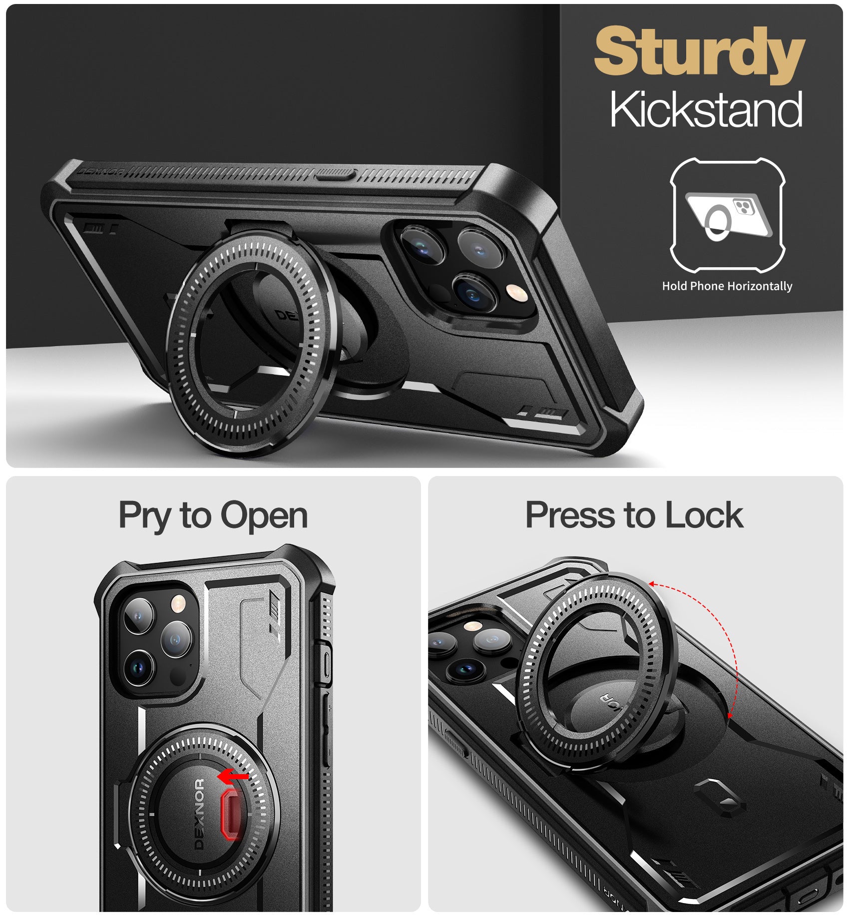 Dexnor Black Case For iPhone 12 Pro Max With MagSafe Heavy-duty Shockproof Full Body Built-in Screen Protector Adjustable Kickstand