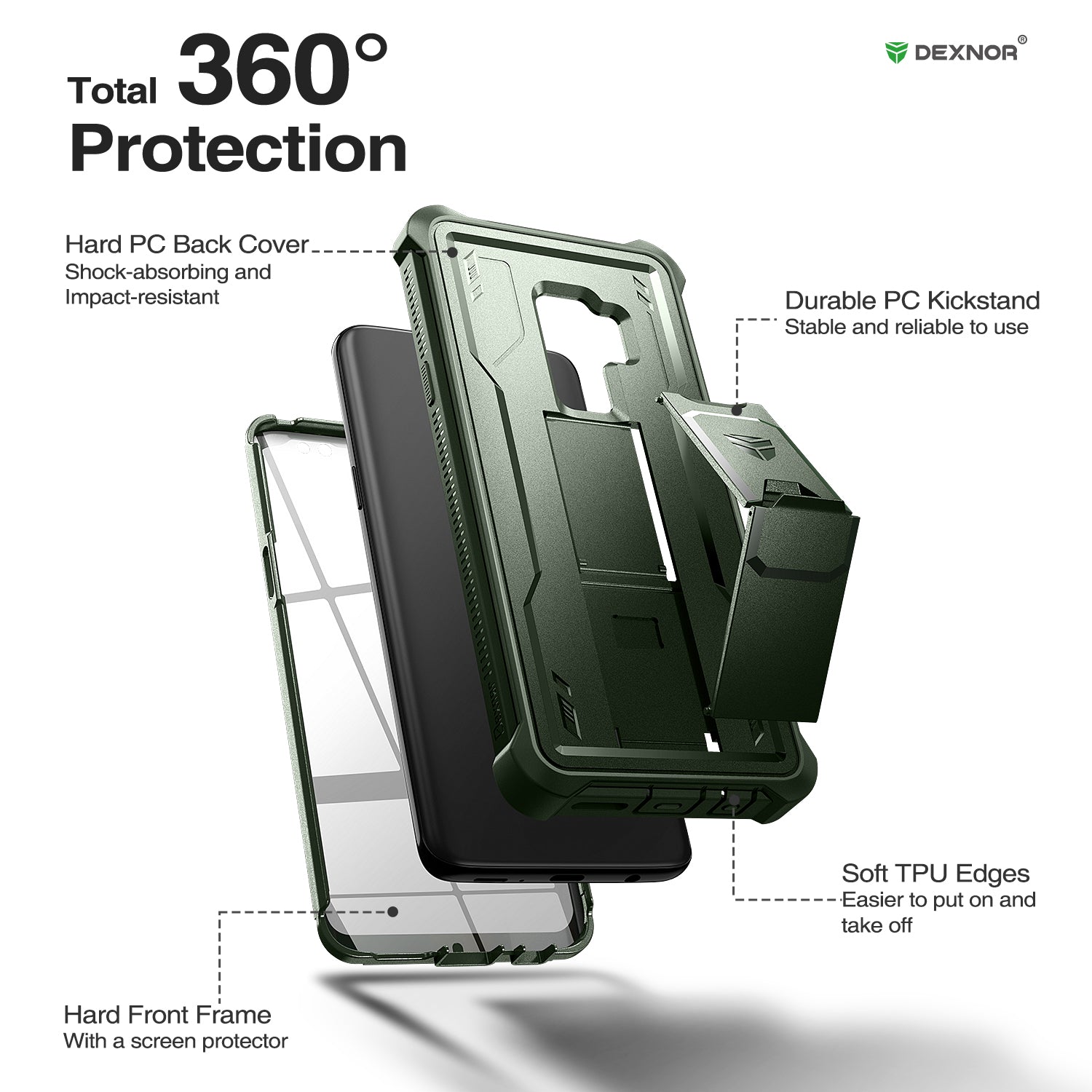 Dexnor Case for Samsung Galaxy S9 Plus With Single Screen Protector Full Body Bumper Kickstand Heavy-duty Shockproof Rugged Cover.