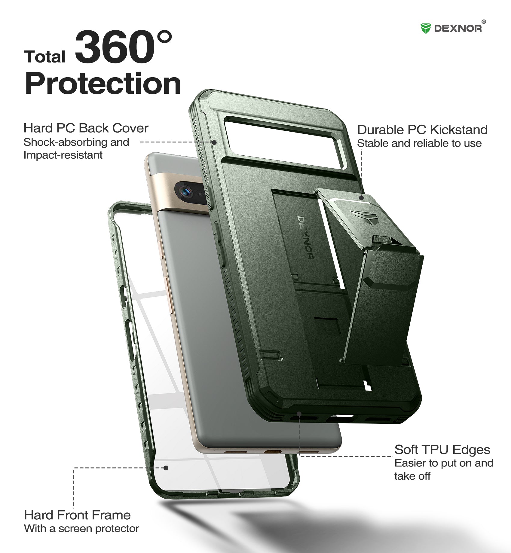 Dexnor Case for Google Pixel 7 Pro With Screen Protector Full Body Bumper Kickstand Heavy-duty Shockproof Rugged Cover.