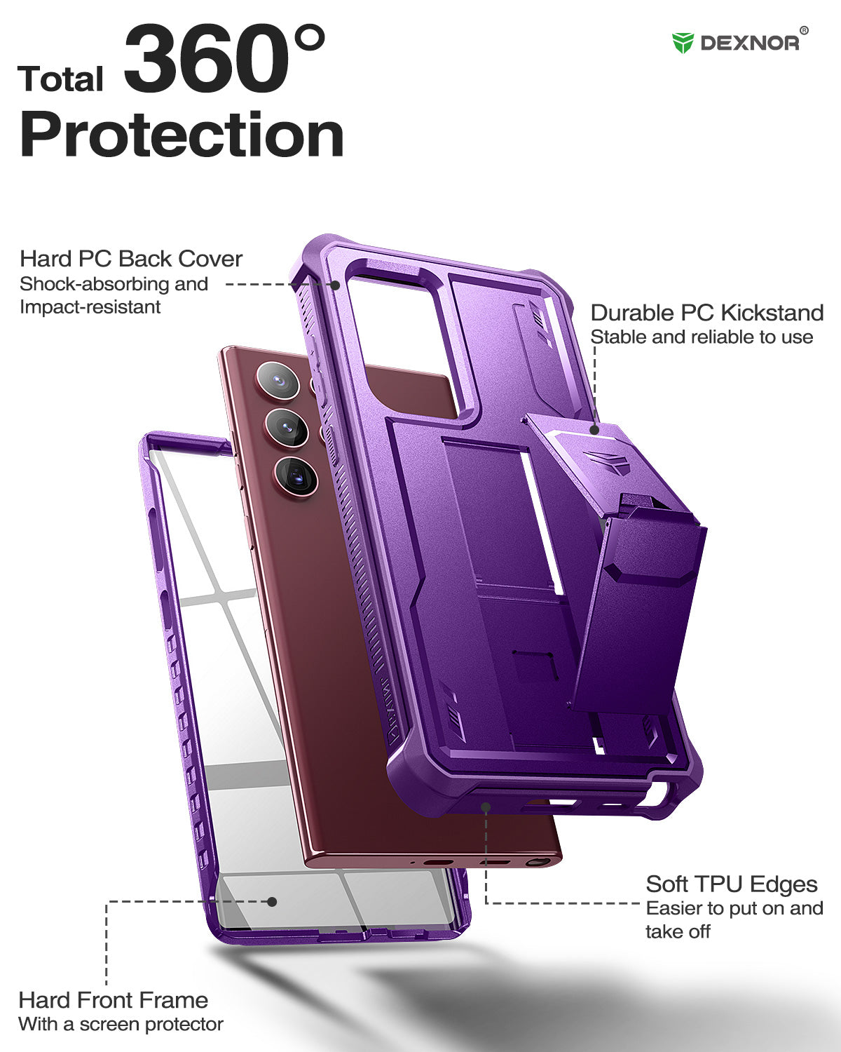 Dexnor Case for Samsung Galaxy S22 Ultra With Single Screen Protector Full Body Bumper Kickstand Heavy-duty Shockproof Rugged Cover.