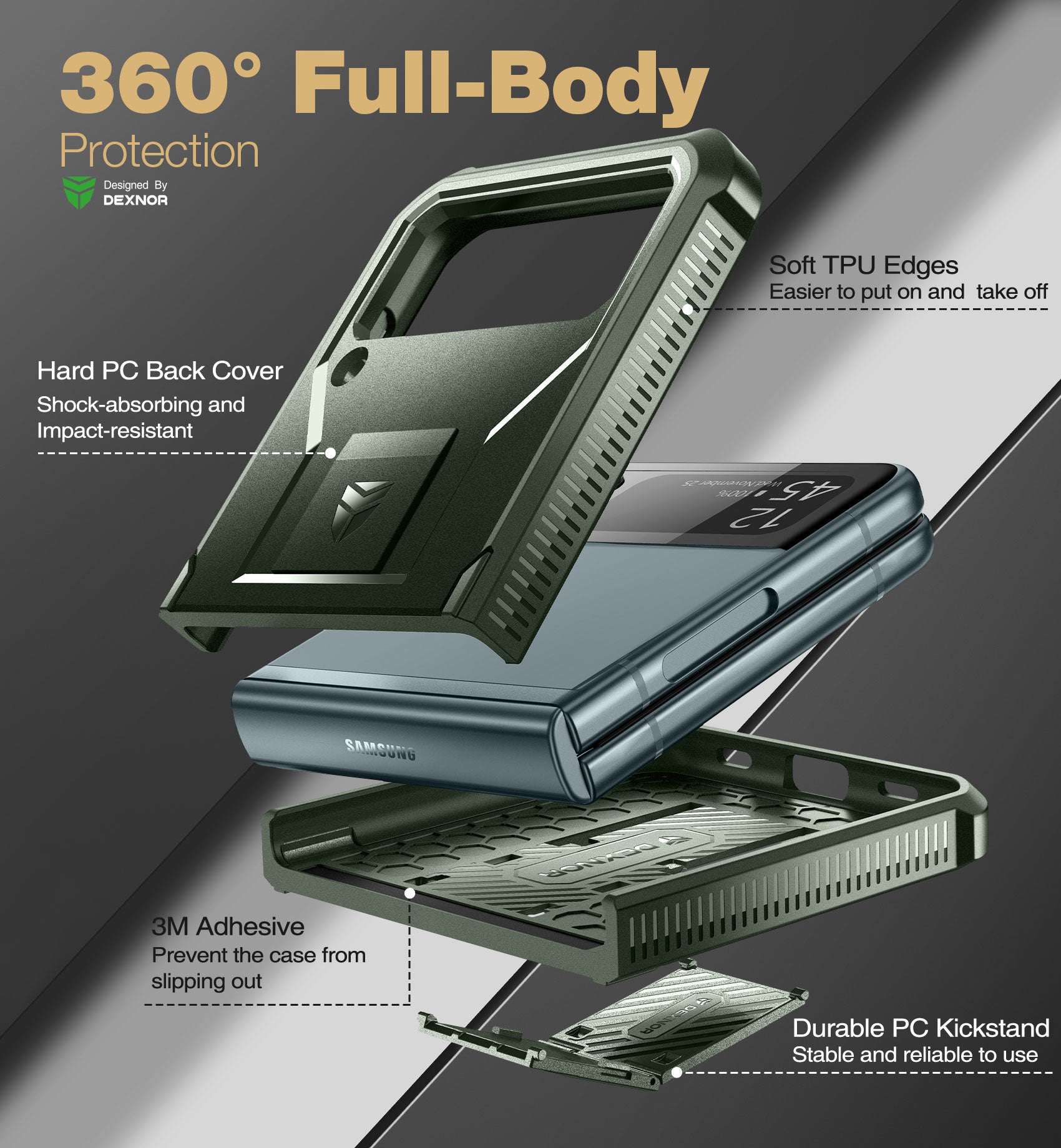 Dexnor Case for Samsung Galaxy Z Flip 3 Hinge Coverage With Screen Protector Full Body Bumper Kickstand Hinge Coverage Shockproof Rugged Cover