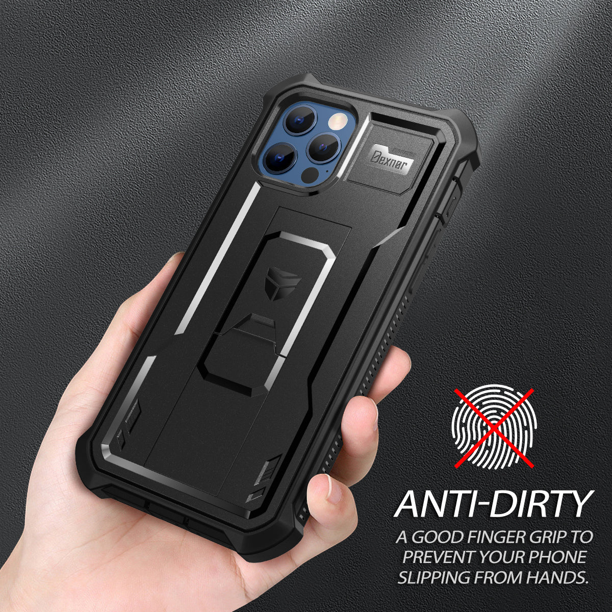 Dexnor Black Case For iPhone 12 Pro Max With Heavy-duty Shockproof Full Body Built-in Screen Protector Adjustable Kickstand