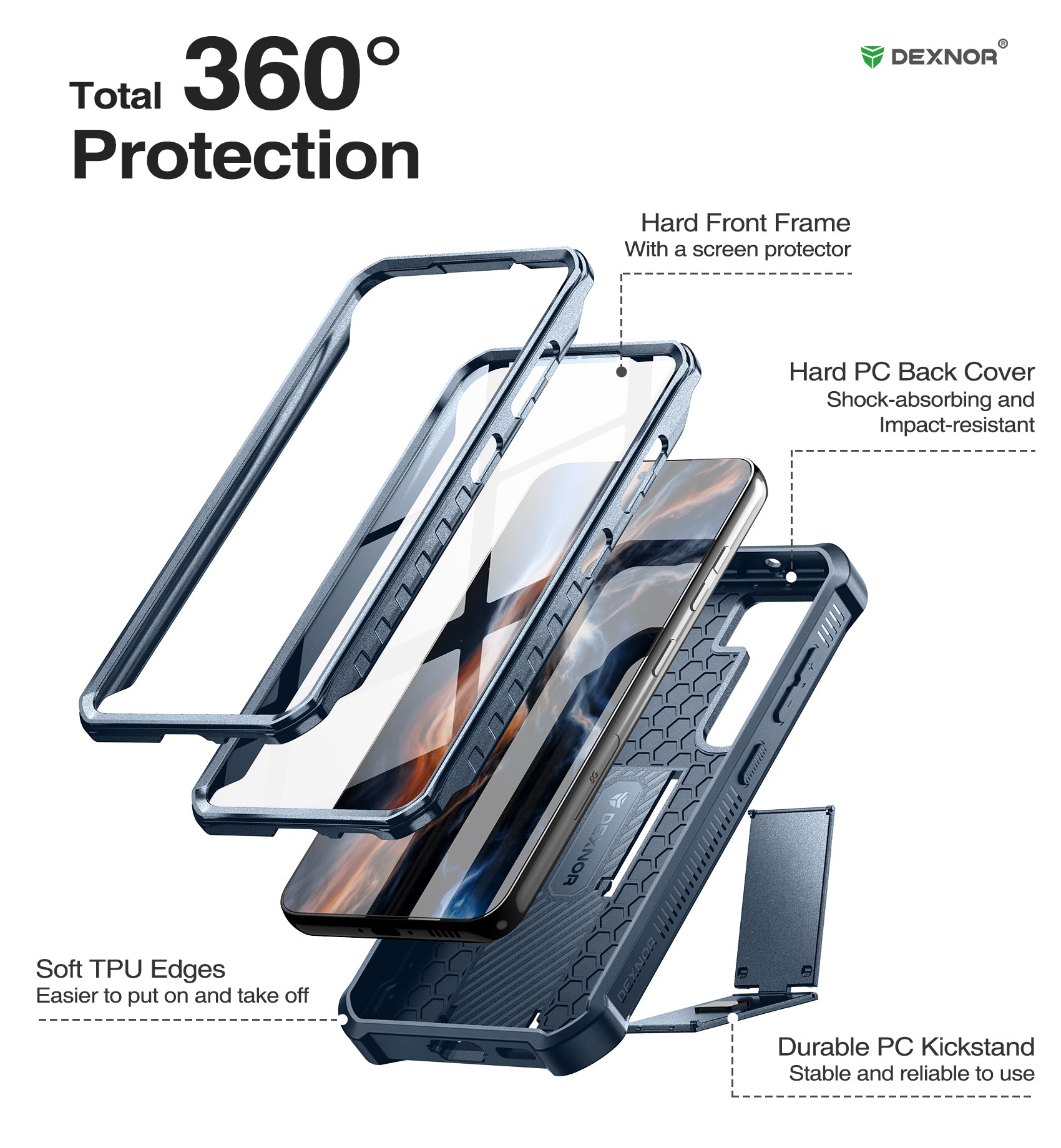 Dexnor Case for Samsung Galaxy S23 With Screen Protector Full Body Bumper Kickstand Heavy-duty Shockproof Rugged Cover.