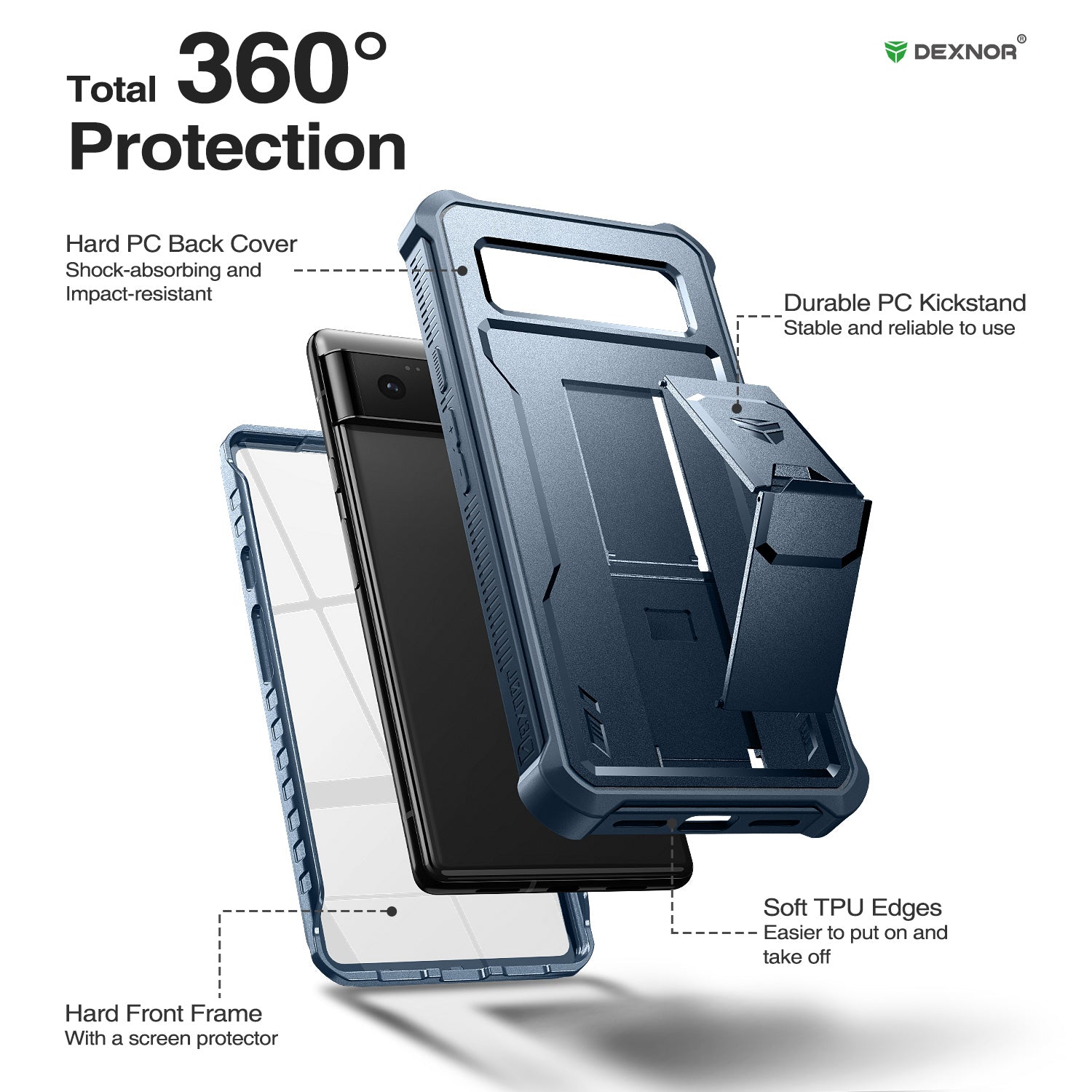 Dexnor Case for Google Pixel 6 With Screen Protector Full Body Bumper Kickstand Heavy-duty Shockproof Rugged Cover.