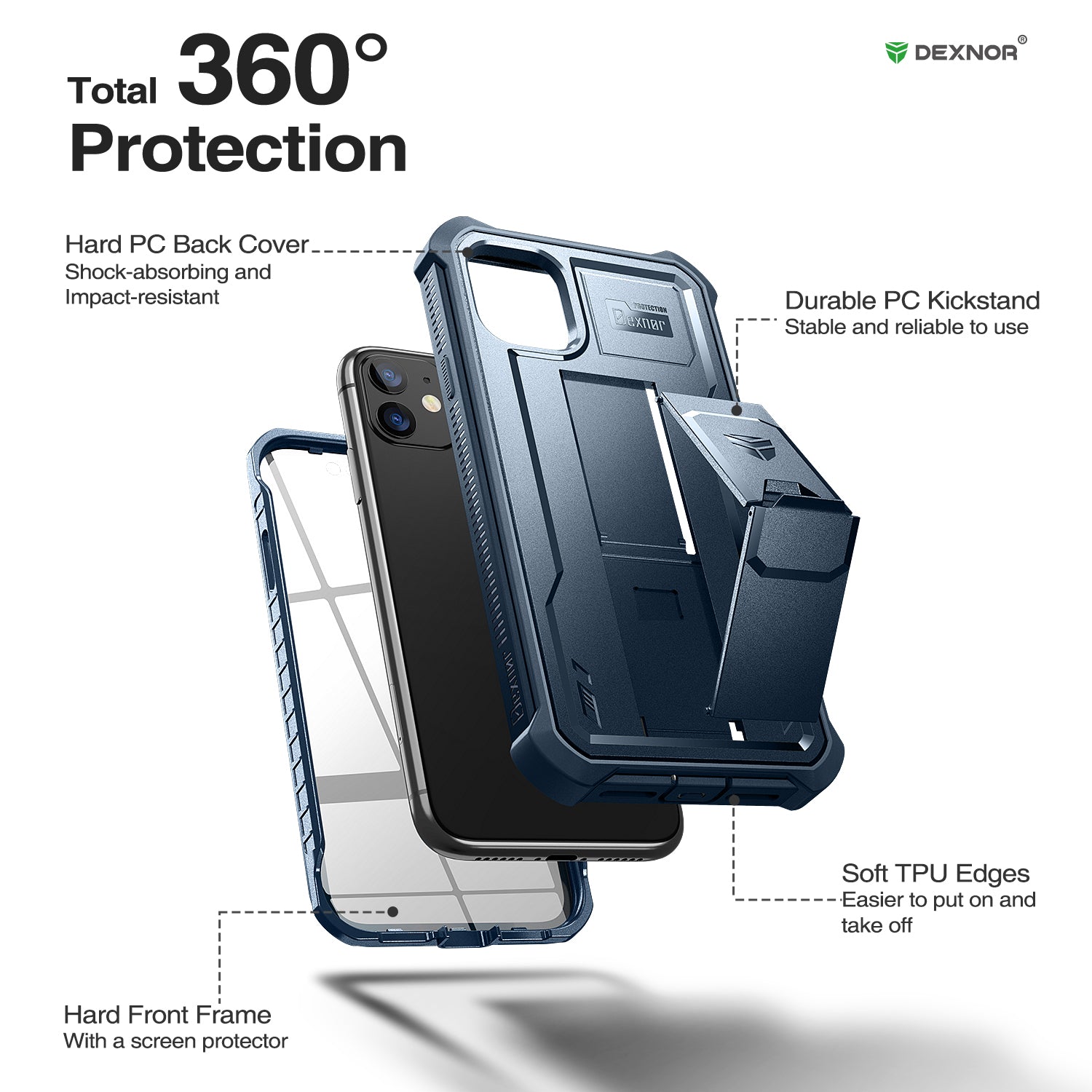 Dexnor Case for iPhone 11 With Screen Protector Full Body Bumper Kickstand Heavy-duty Shockproof Rugged Cover.