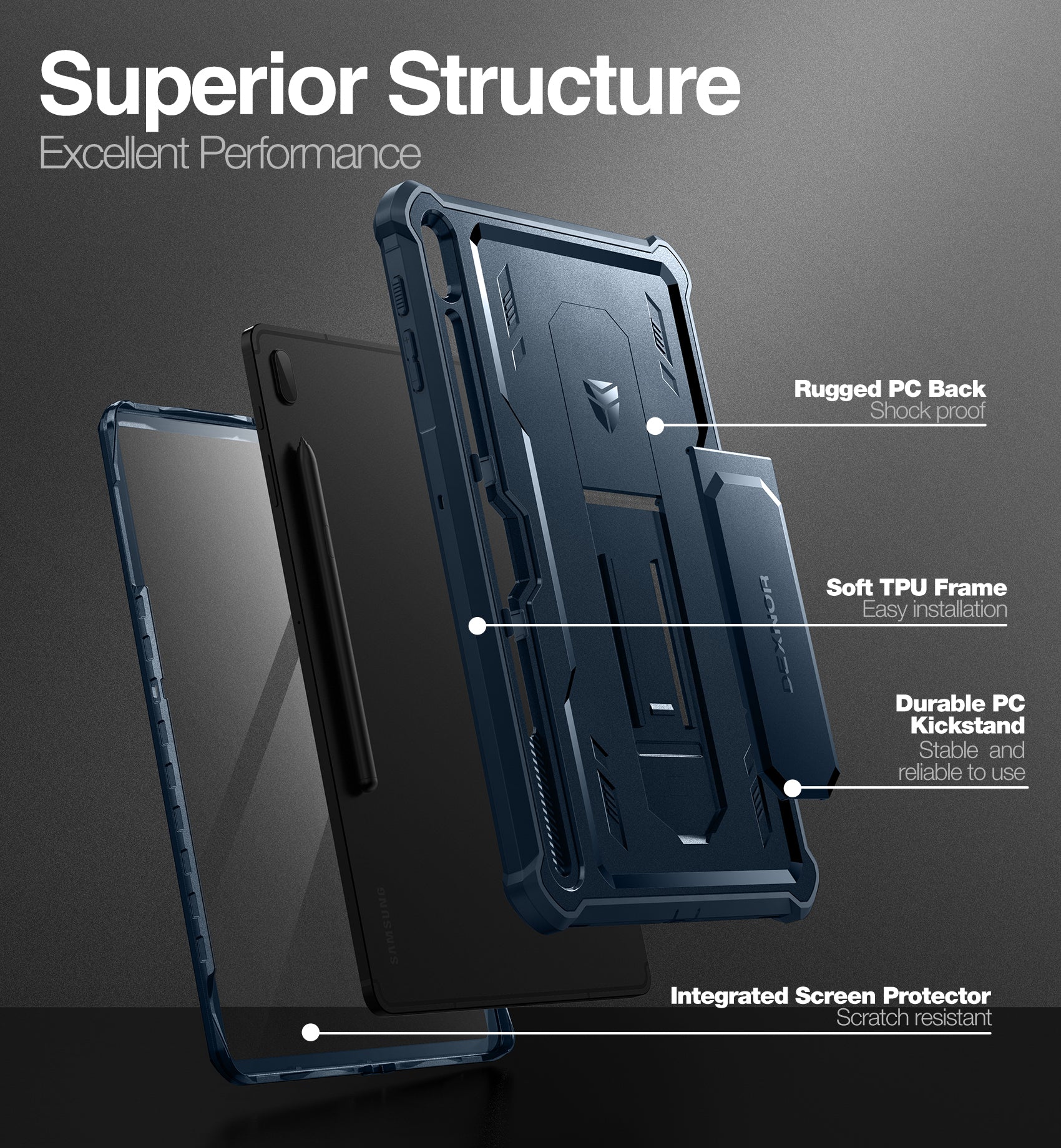 Dexnor Tablet Case for Samsung Galaxy Tab S7 Plus/S8 Plus With Screen Protector Full Body Bumper Kickstand Heavy-duty Shockproof Rugged Pen Holder Cover.