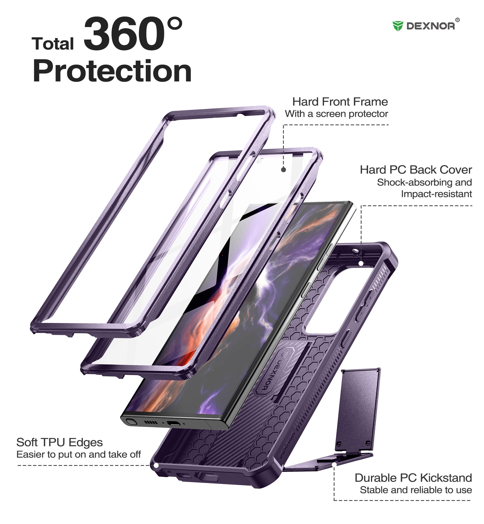 Dexnor Case for Samsung Galaxy S23 Ultra With Screen Protector Full Body Bumper Kickstand Heavy-duty Shockproof Cover