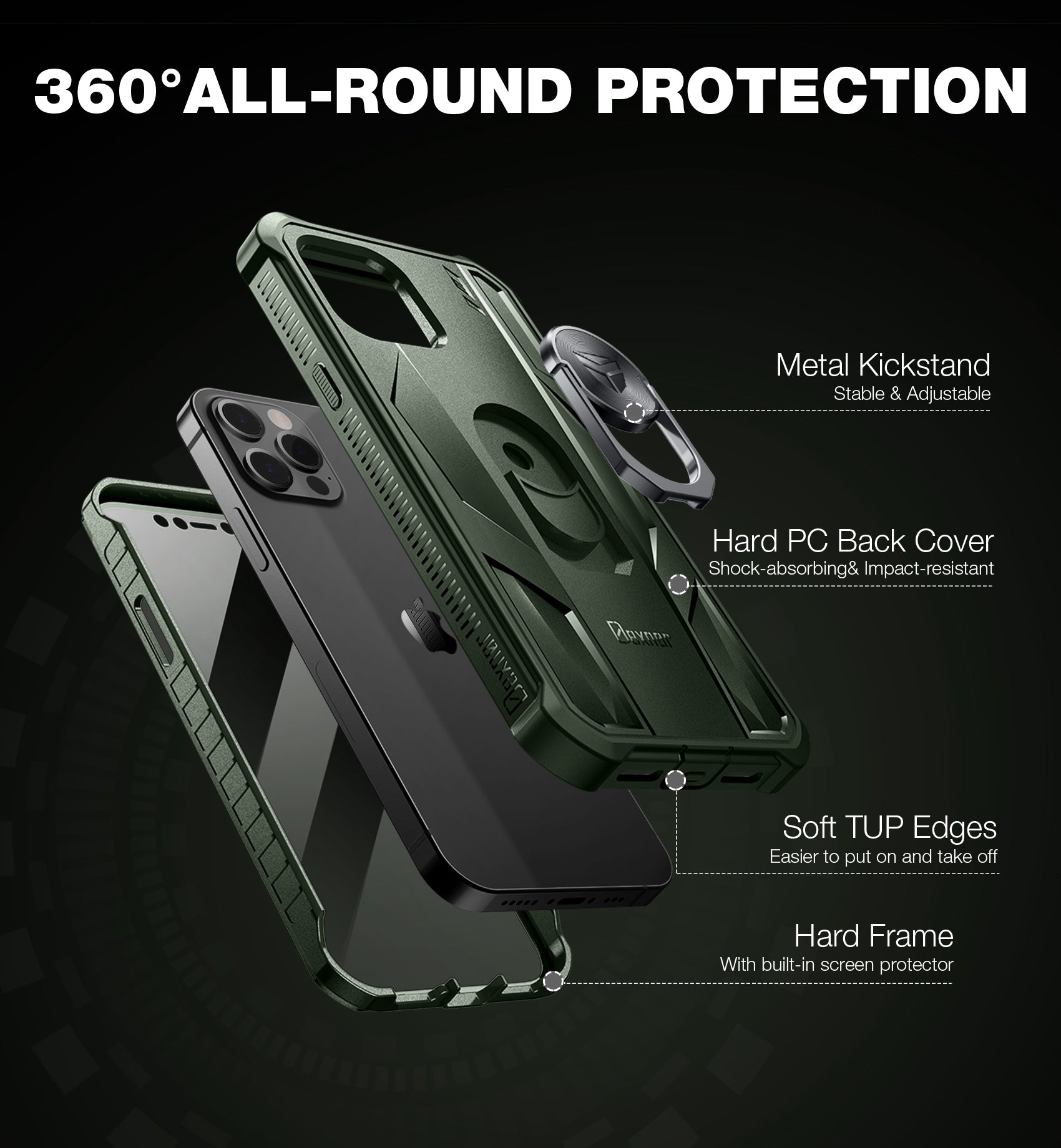 Dexnor Rugged Full Body Case for iPhone 12/12 Pro with Screen Protector & Ring Kickstand Car Mount, Slim Shockproof Protective Bumper Cover with Anti Dust Plugs.