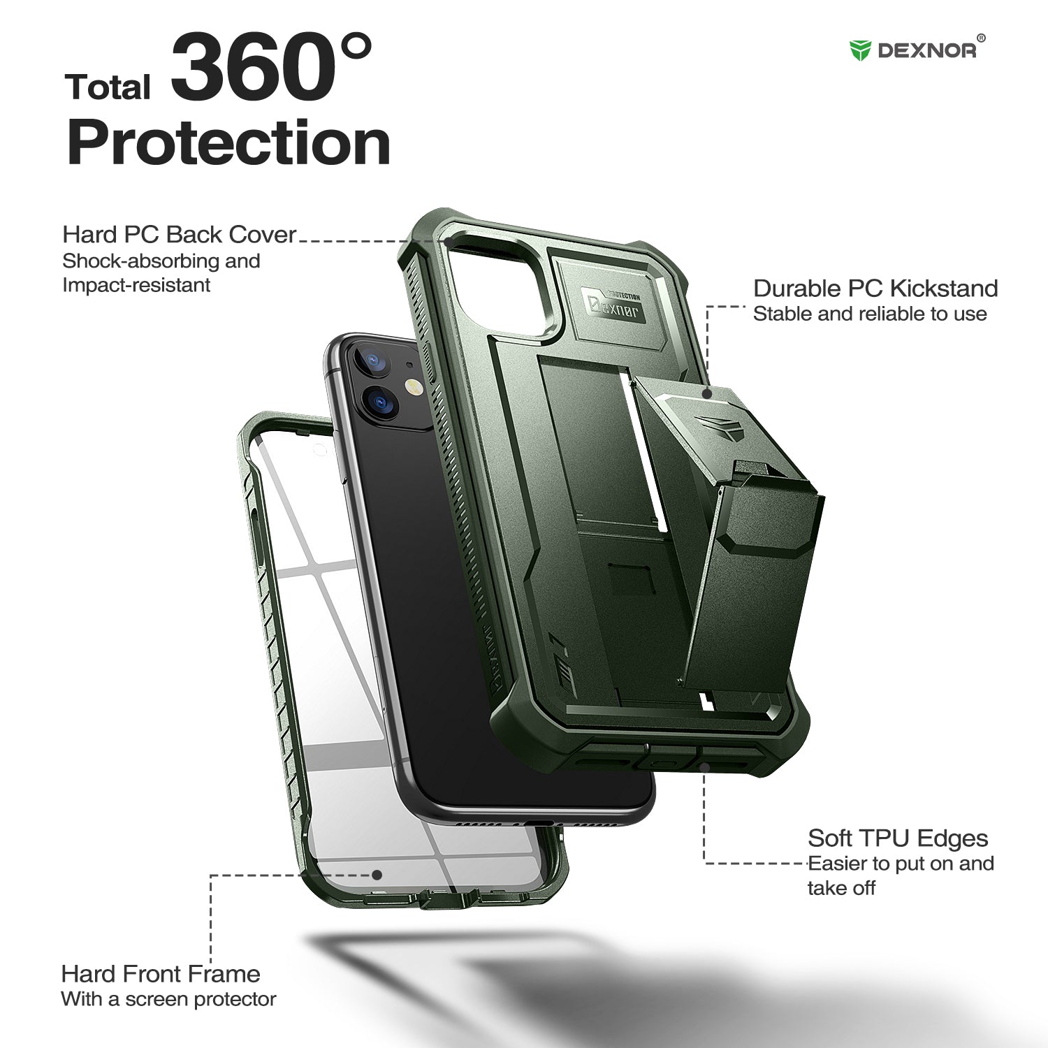 Dexnor Case for iPhone 11 With Screen Protector Full Body Bumper Kickstand Heavy-duty Shockproof Rugged Cover.