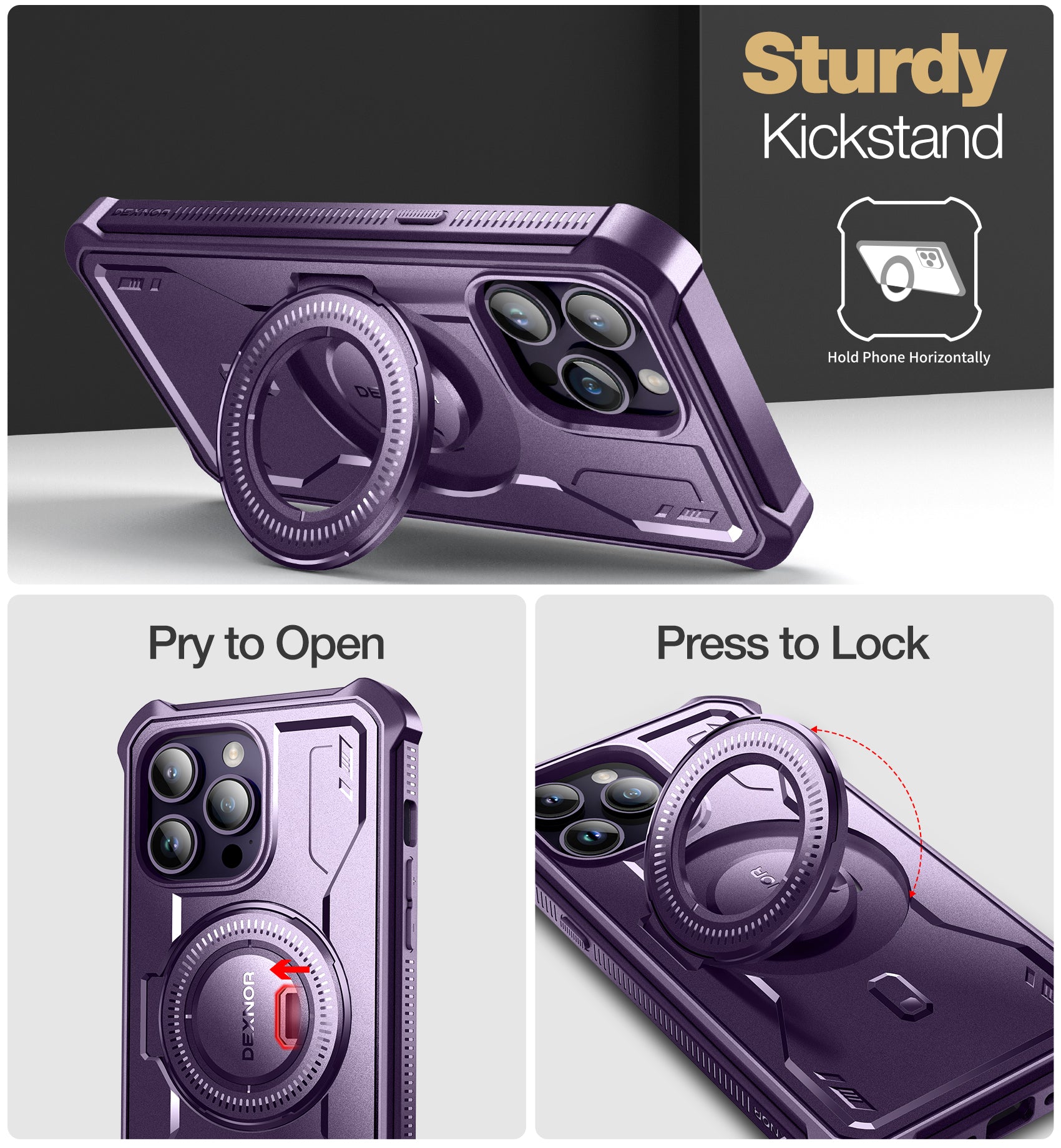 Dexnor for iphone 14 Pro Max Case Heavy-duty Shockproof Full Body Built-in Screen Protector Adjustable Kickstand