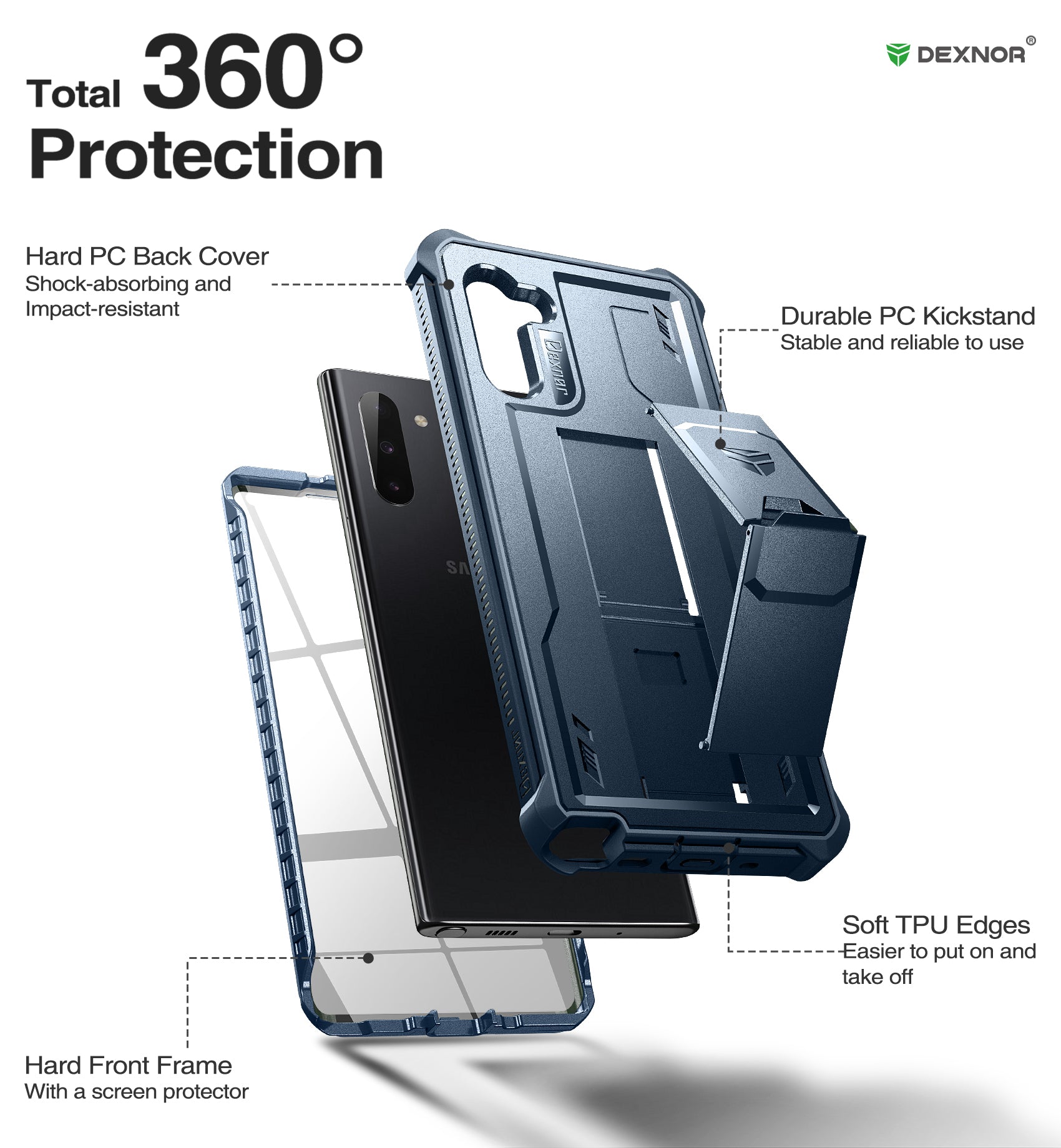 Dexnor Case for Samsung Galaxy Note 10 With Single Screen Protector Full Body Bumper Kickstand Heavy-duty Shockproof Rugged Cover.