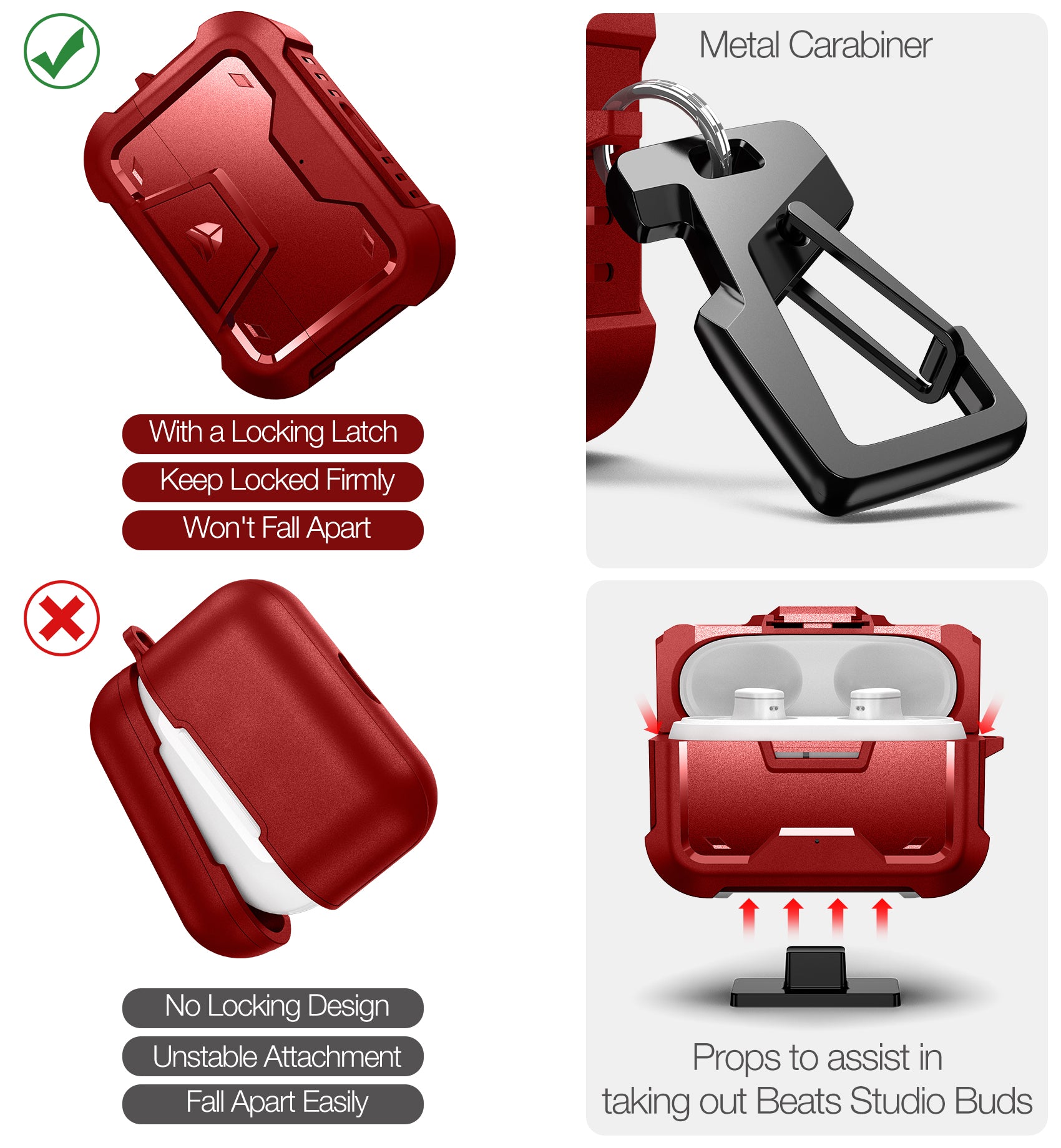 Dexnor Earphone Case for Beats Studio Buds 2021/Buds + 2023 with Secure Lock and Carabiner Full Body Bumper Shockproof Rugged Cover