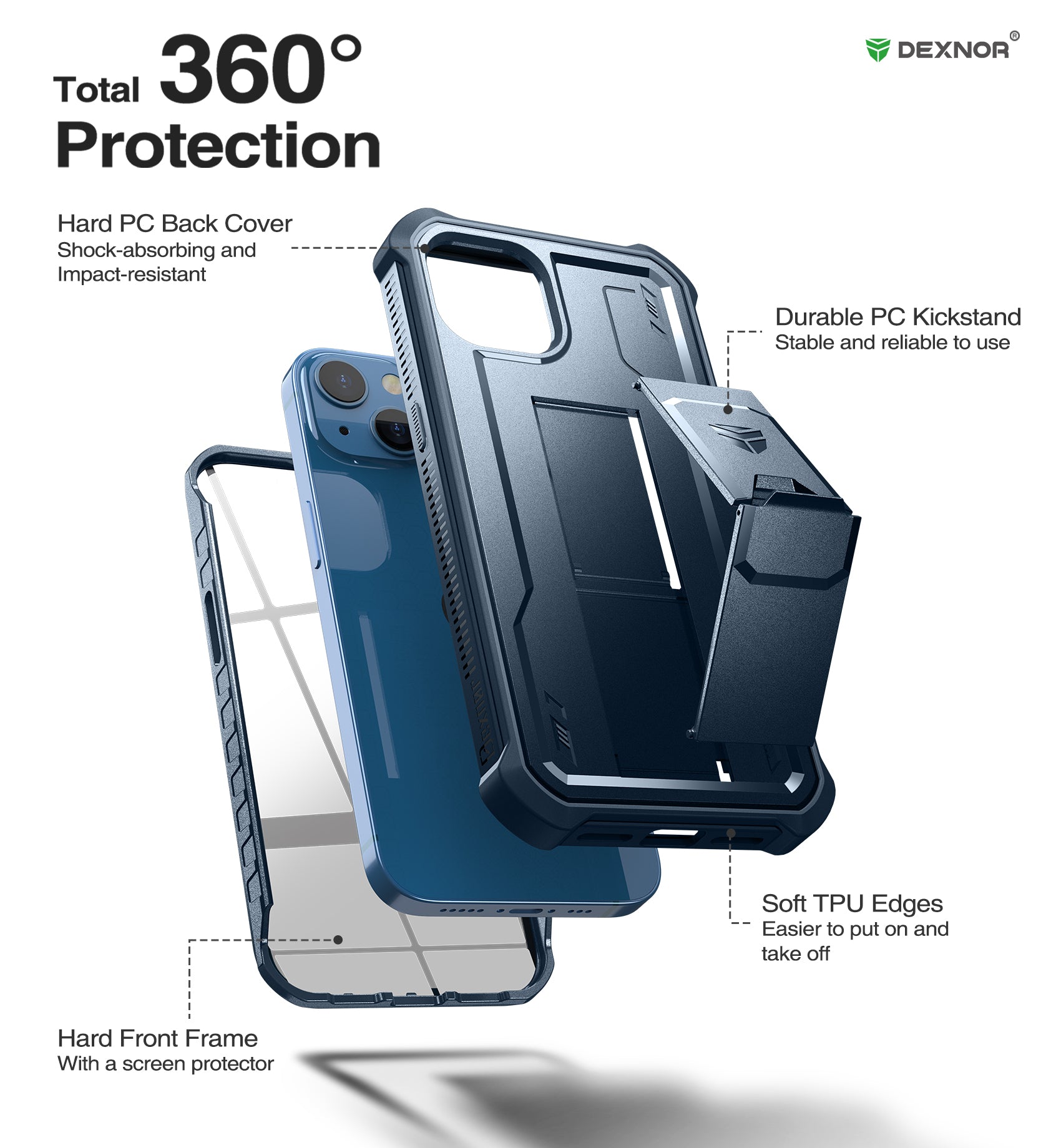 Dexnor for iphone 14/13 Case With Heavy-duty Shockproof Full Body Built-in Screen Protector Adjustable Kickstand
