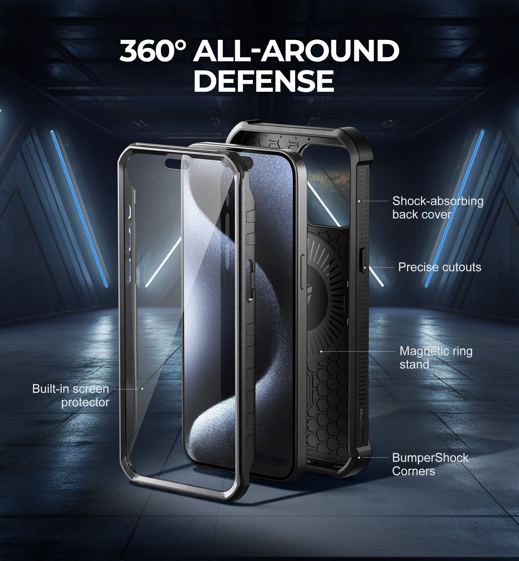 Dexnor for iphone 15 Pro Max Case With MagSafe Heavy-duty Shockproof Full Body Built-in Screen Protector Adjustable Kickstand