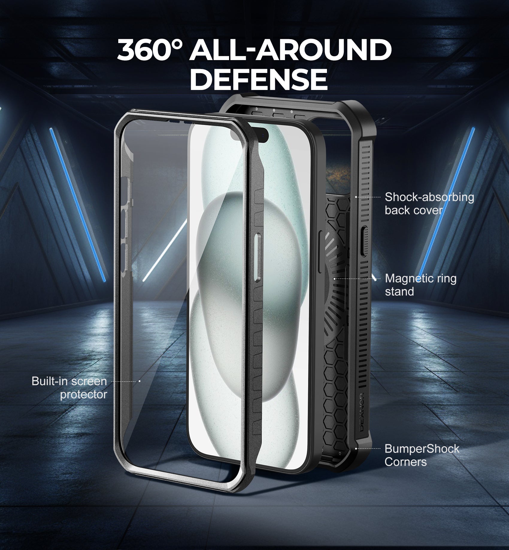 Dexnor for iphone 15 Case With MagSafe Heavy-duty Shockproof Full Body Built-in Screen Protector Adjustable Kickstand